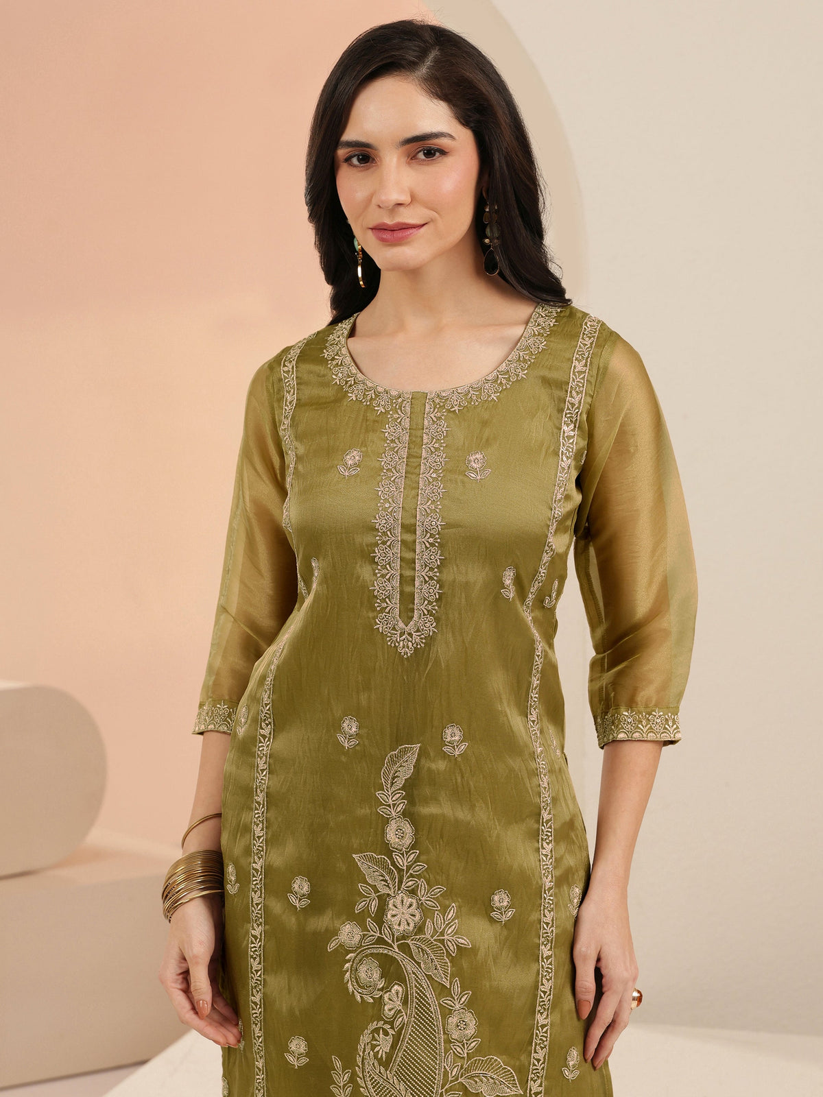 Anouk Henna Yellow Paisley Embroidered Organza Straight Suit Set