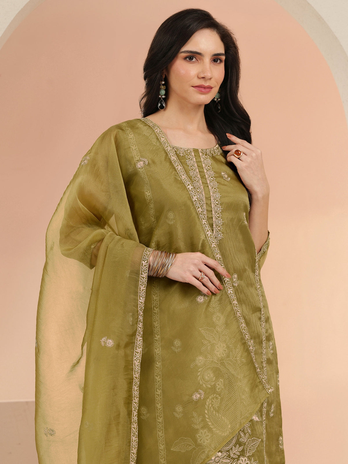 Anouk Henna Yellow Paisley Embroidered Organza Straight Suit Set