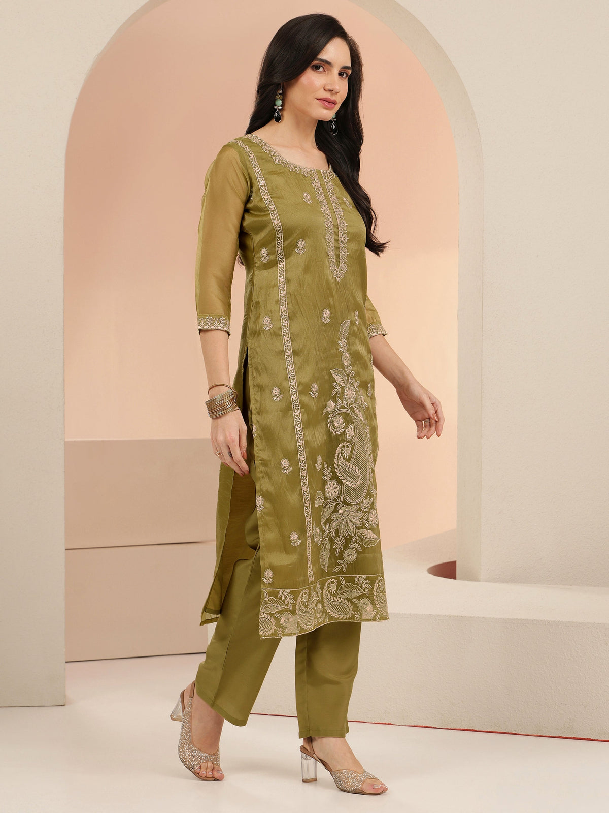 Anouk Henna Yellow Paisley Embroidered Organza Straight Suit Set