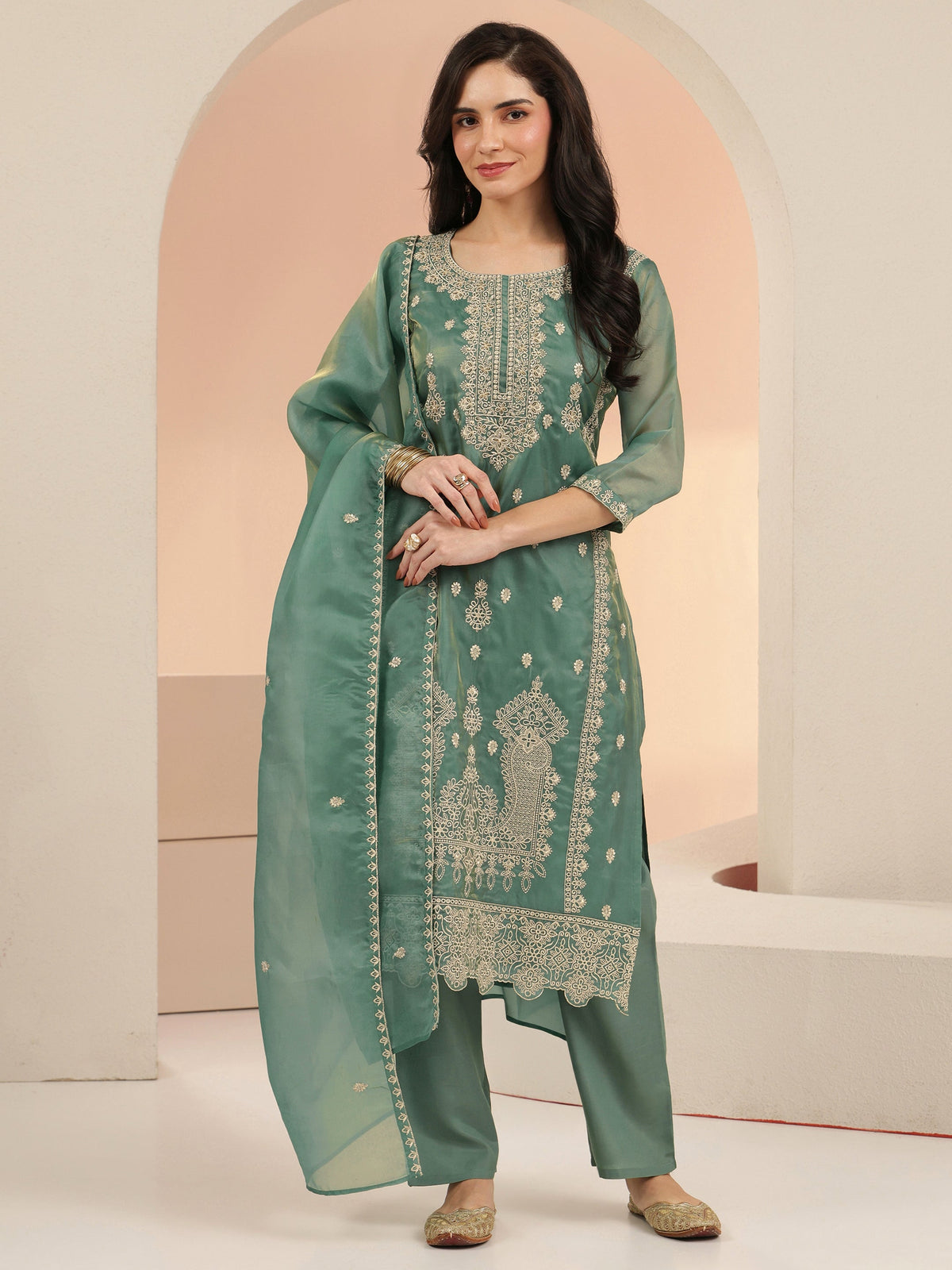 Anouk Sea Blue Embroidered Tissue Straight Suit Set