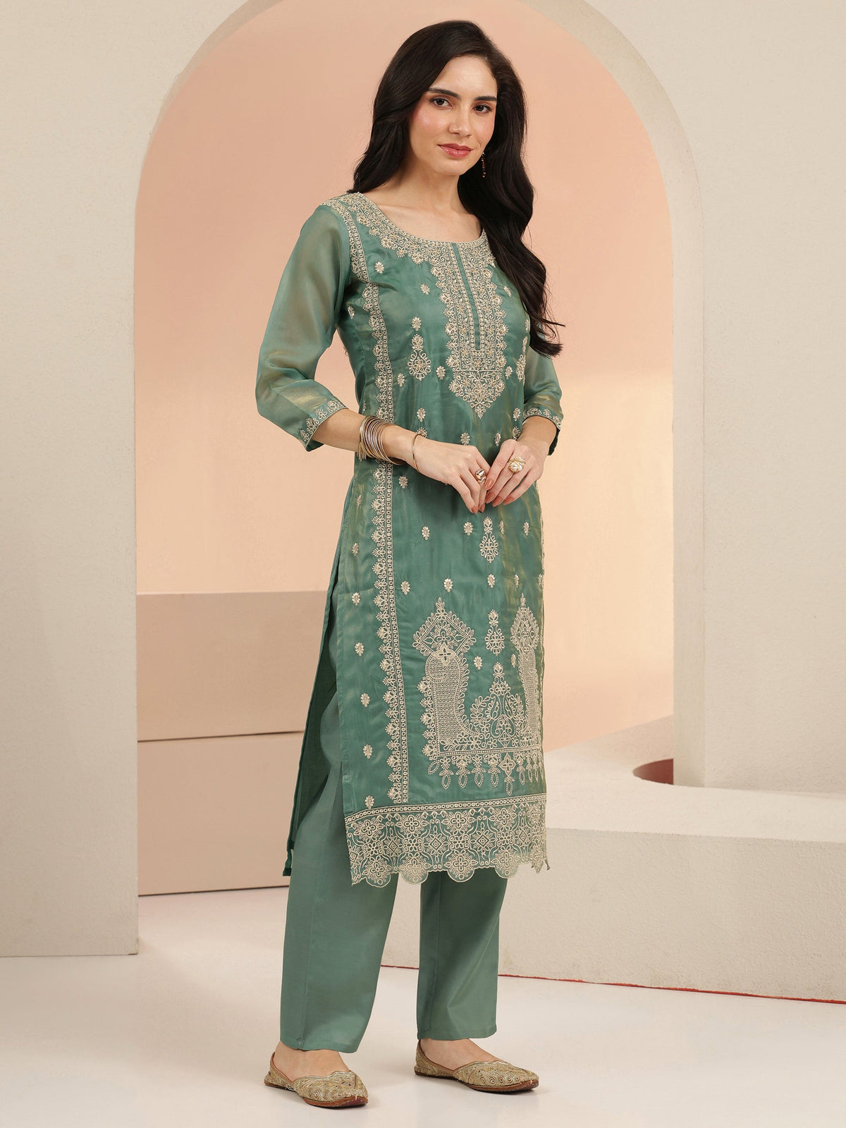 Anouk Sea Blue Embroidered Tissue Straight Suit Set