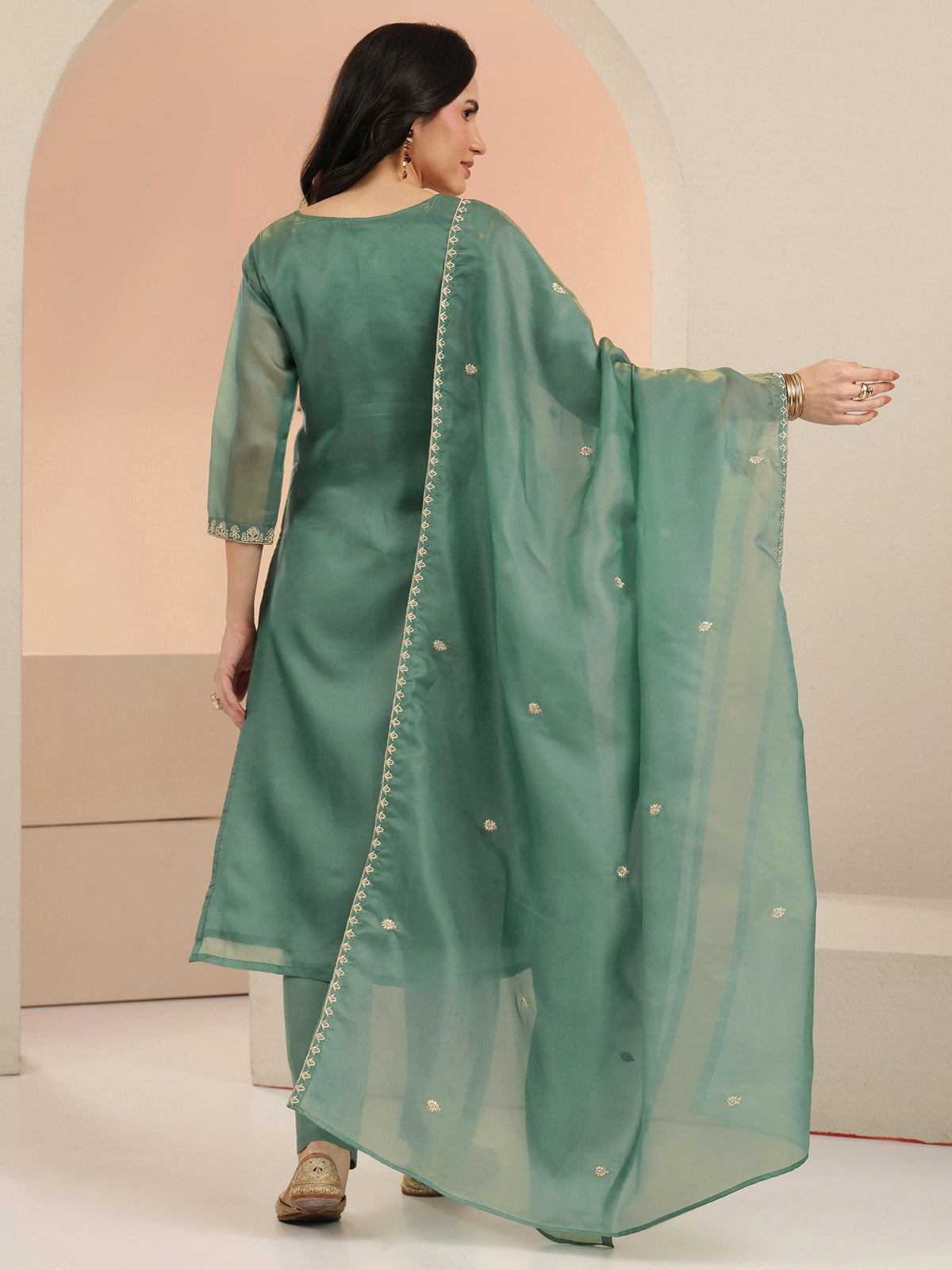 Anouk Sea Blue Embroidered Tissue Straight Suit Set