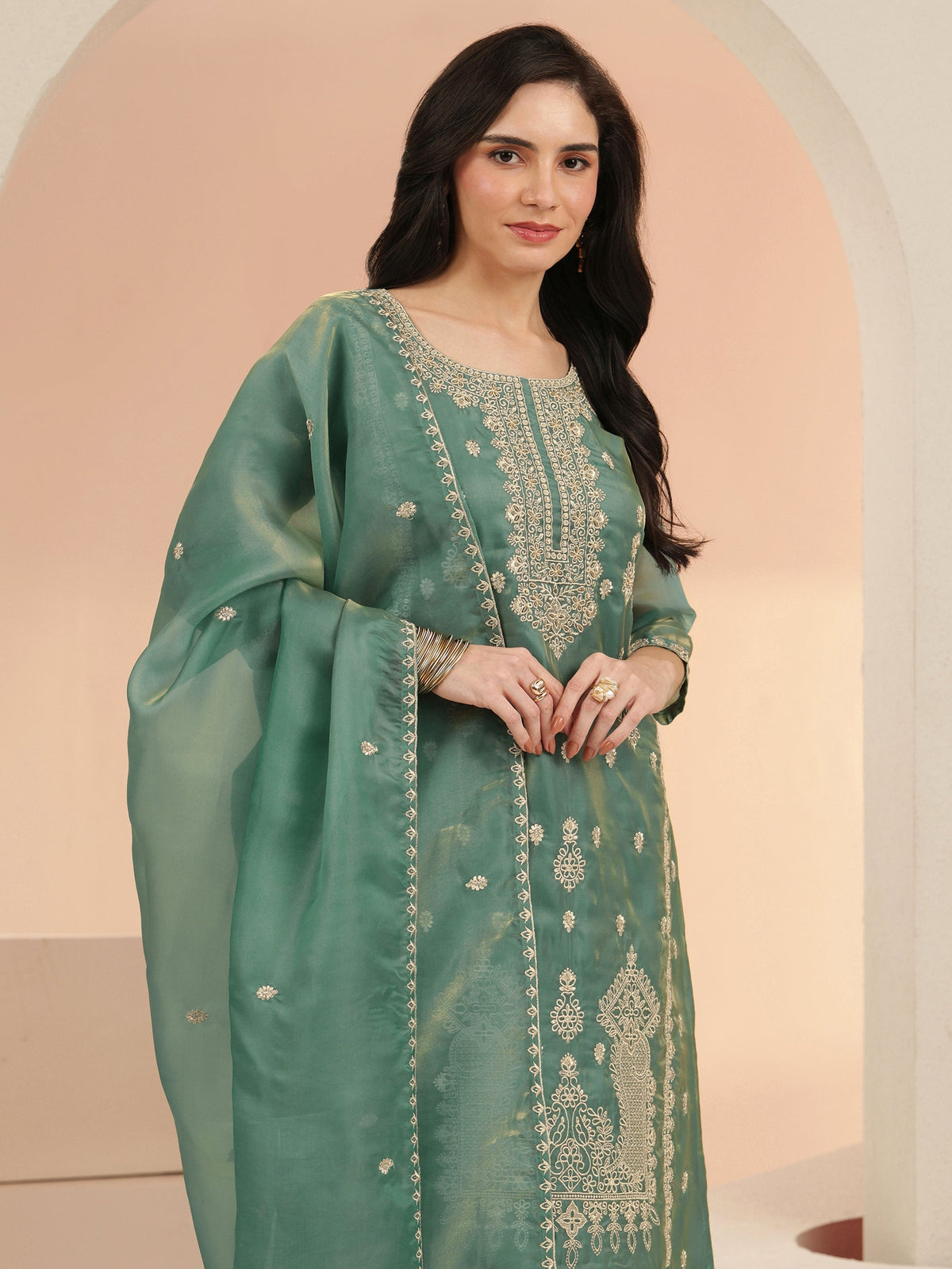Anouk Sea Blue Embroidered Tissue Straight Suit Set