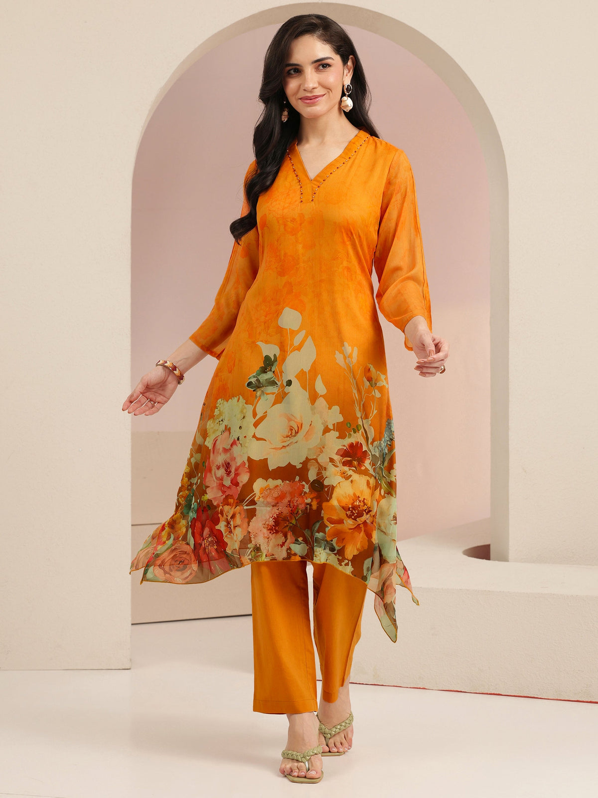 Anouk Orange Floral Printed Chiffon High Low Kurta Set