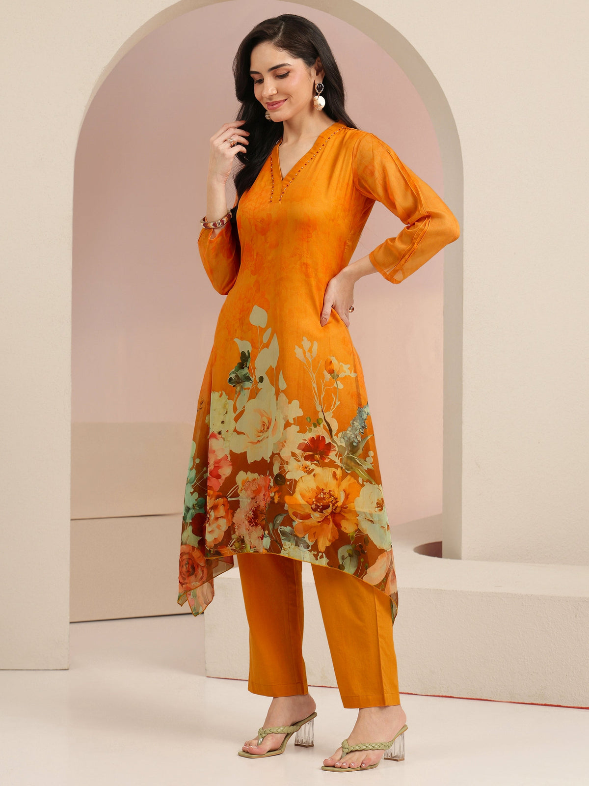 Anouk Orange Floral Printed Chiffon High Low Kurta Set