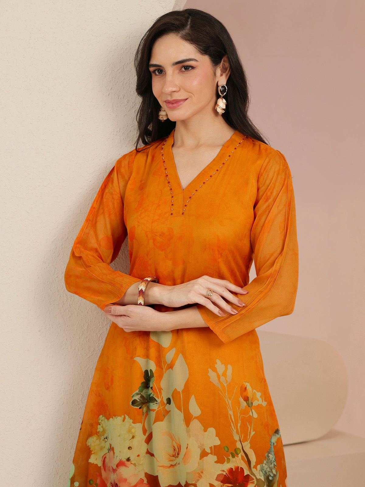 Anouk Orange Floral Printed Chiffon High Low Kurta Set