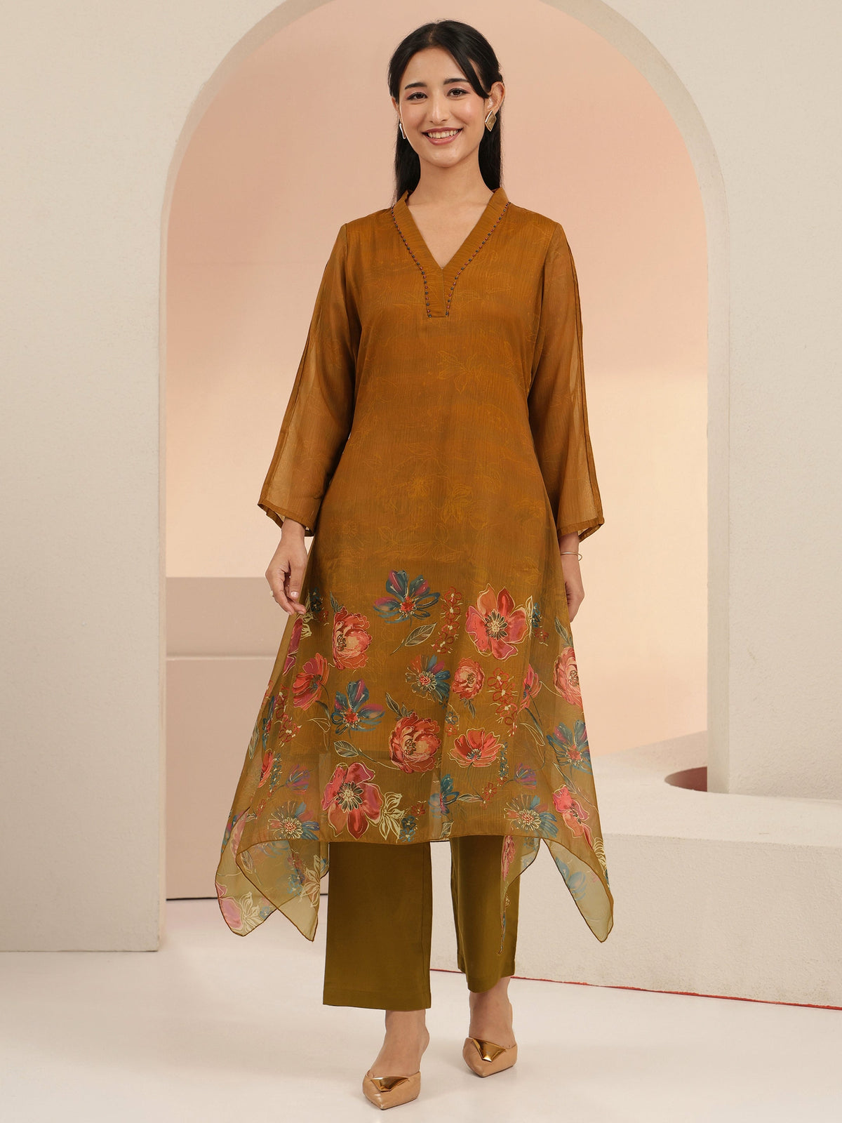 Anouk Brown Floral Printed Chiffon High Low Kurta Set