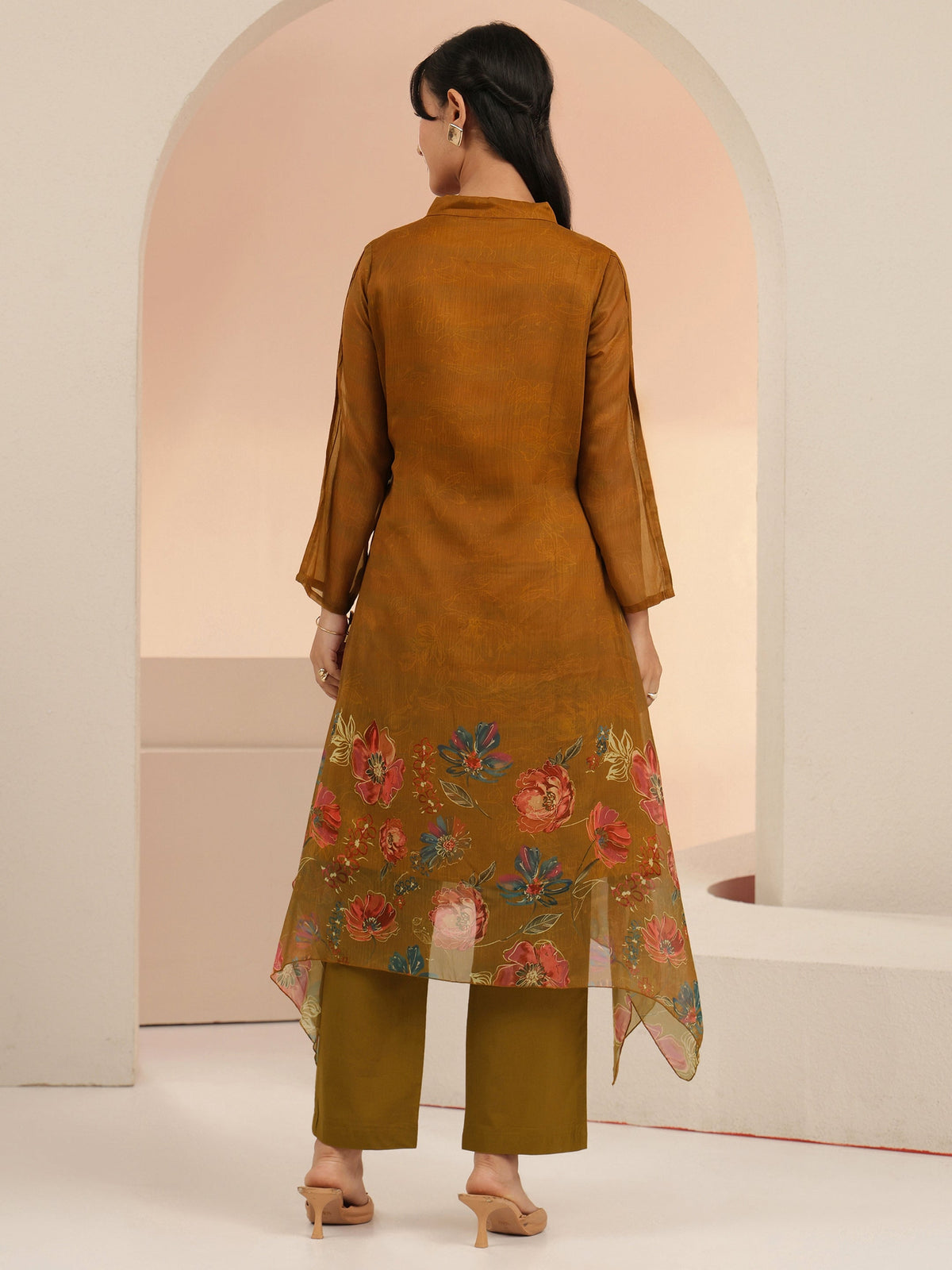 Anouk Brown Floral Printed Chiffon High Low Kurta Set