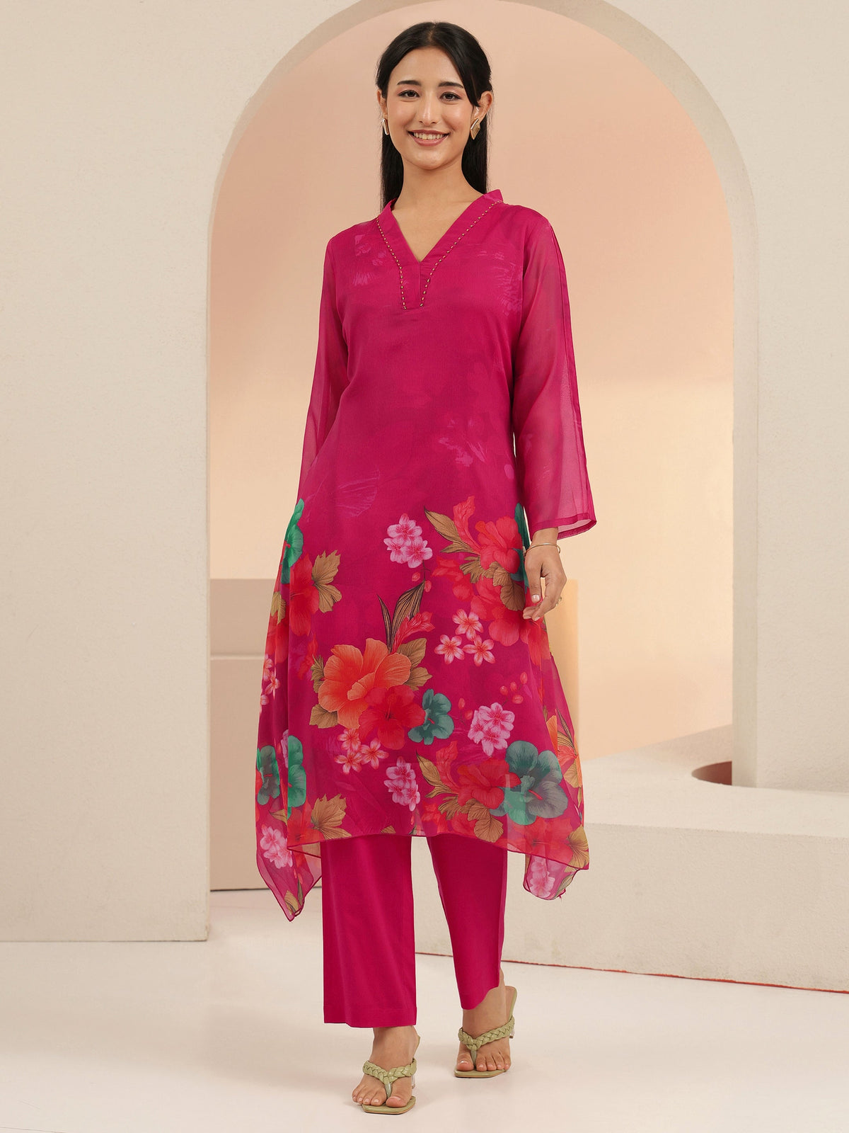 Anouk Fuchsia Pink Floral Printed Chiffon High Low Kurta Set