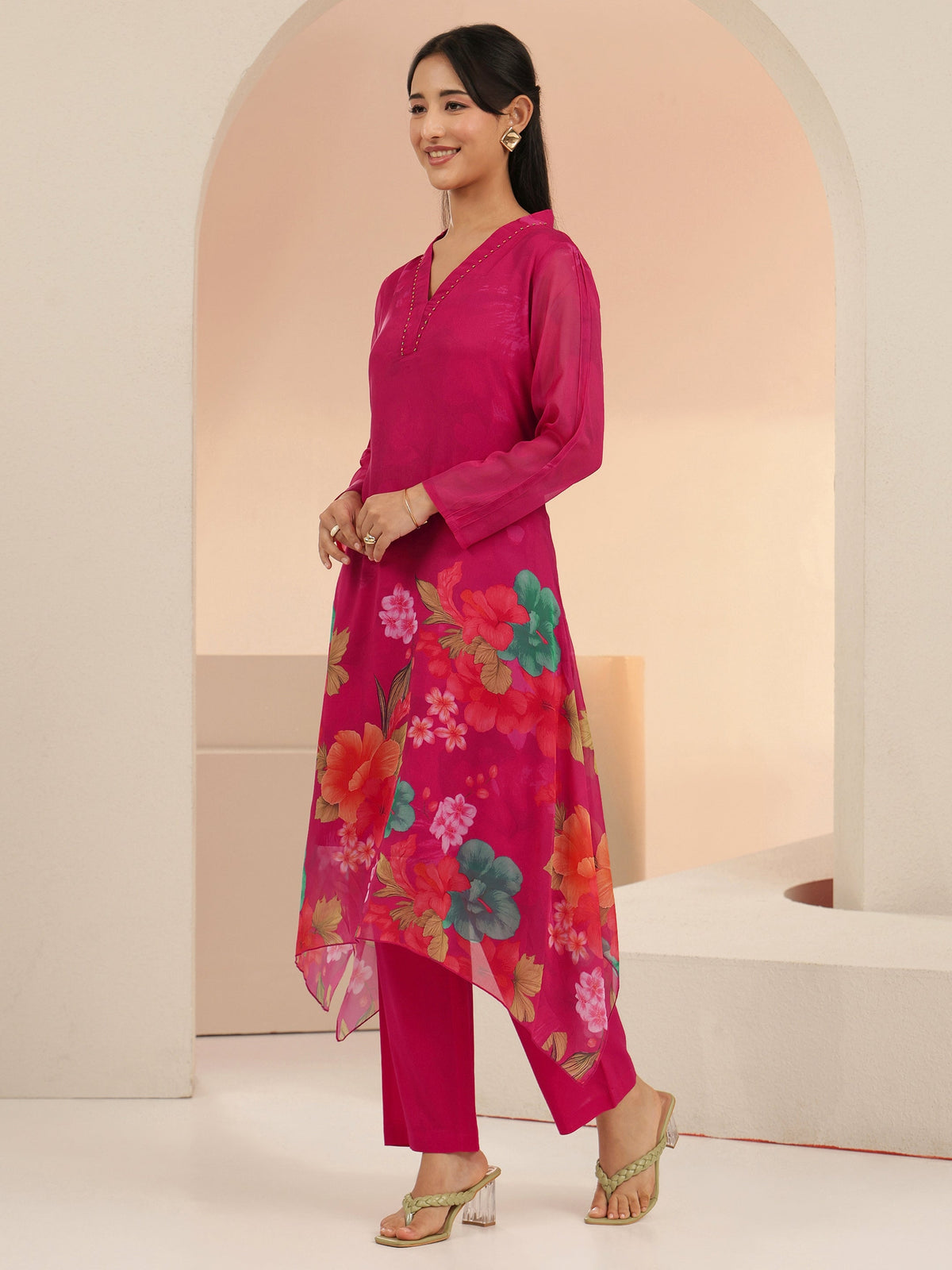 Anouk Fuchsia Pink Floral Printed Chiffon High Low Kurta Set