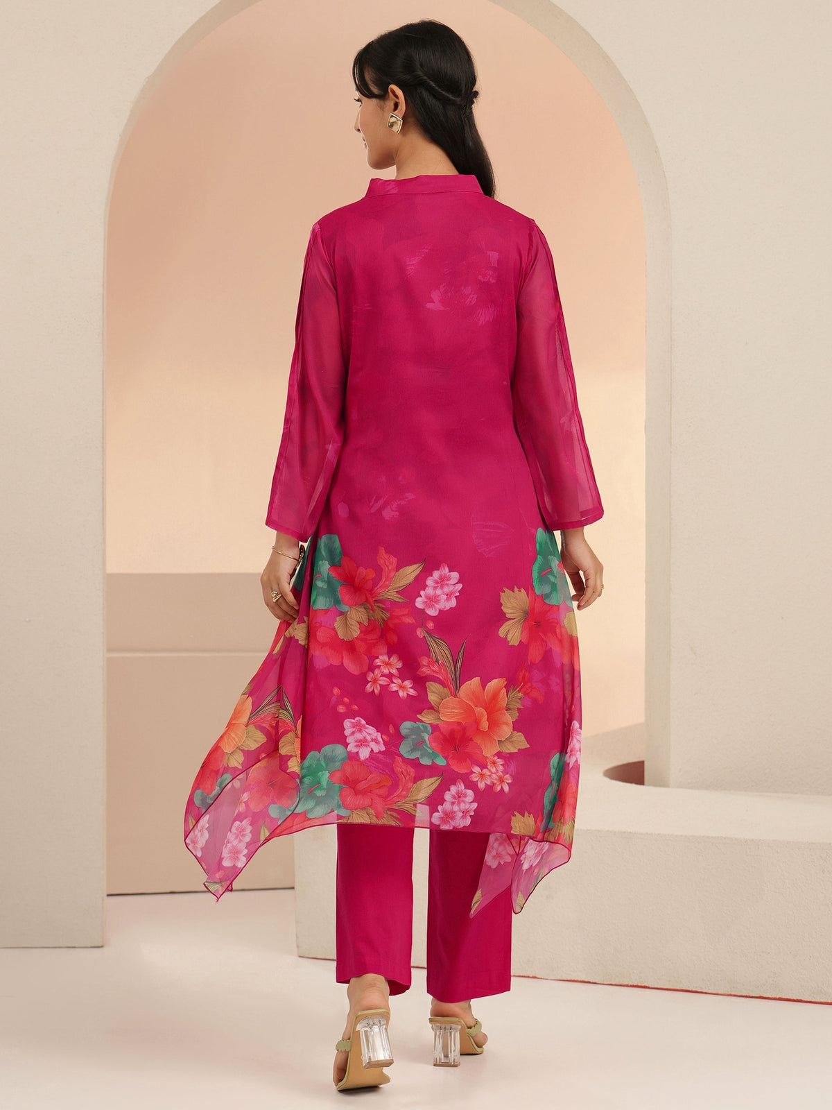Anouk Fuchsia Pink Floral Printed Chiffon High Low Kurta Set