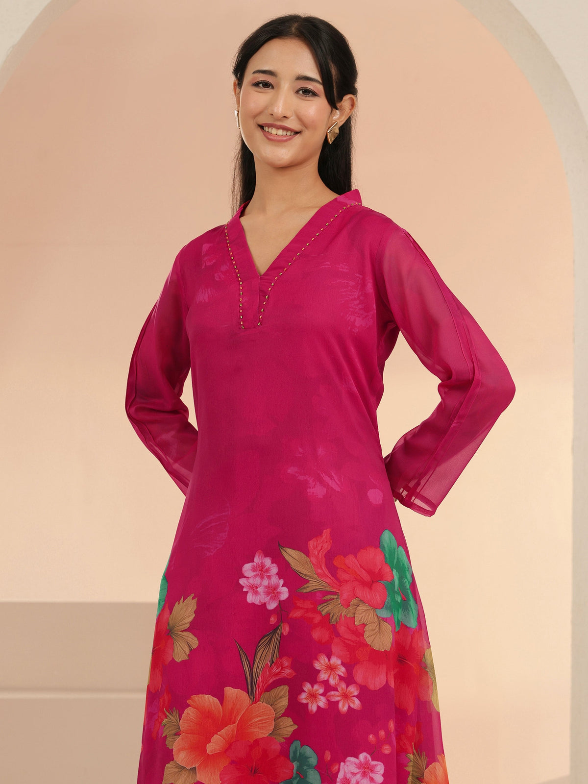 Anouk Fuchsia Pink Floral Printed Chiffon High Low Kurta Set