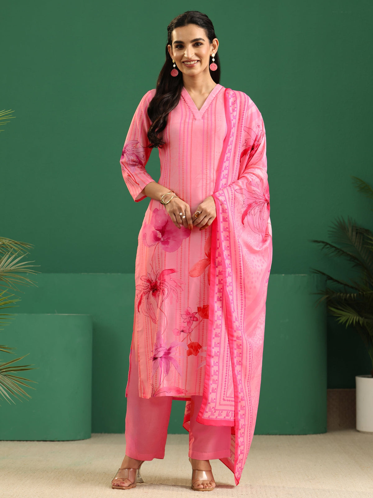 Anouk Pink Floral Printed Muslin A-Line Suit Set