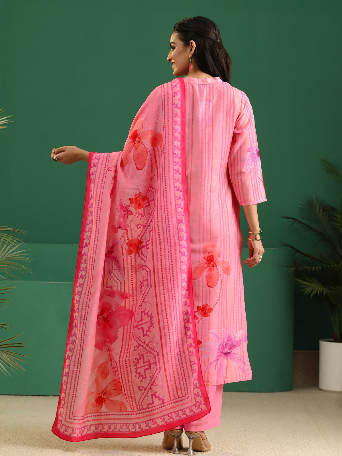 Anouk Pink Floral Printed Muslin A-Line Suit Set