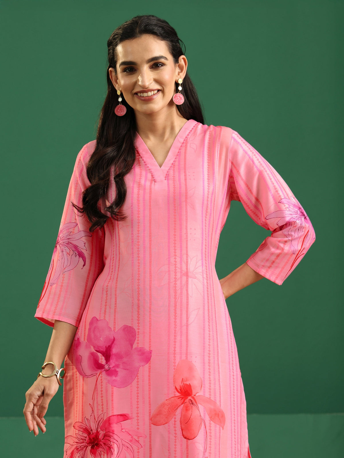 Anouk Pink Floral Printed Muslin A-Line Suit Set