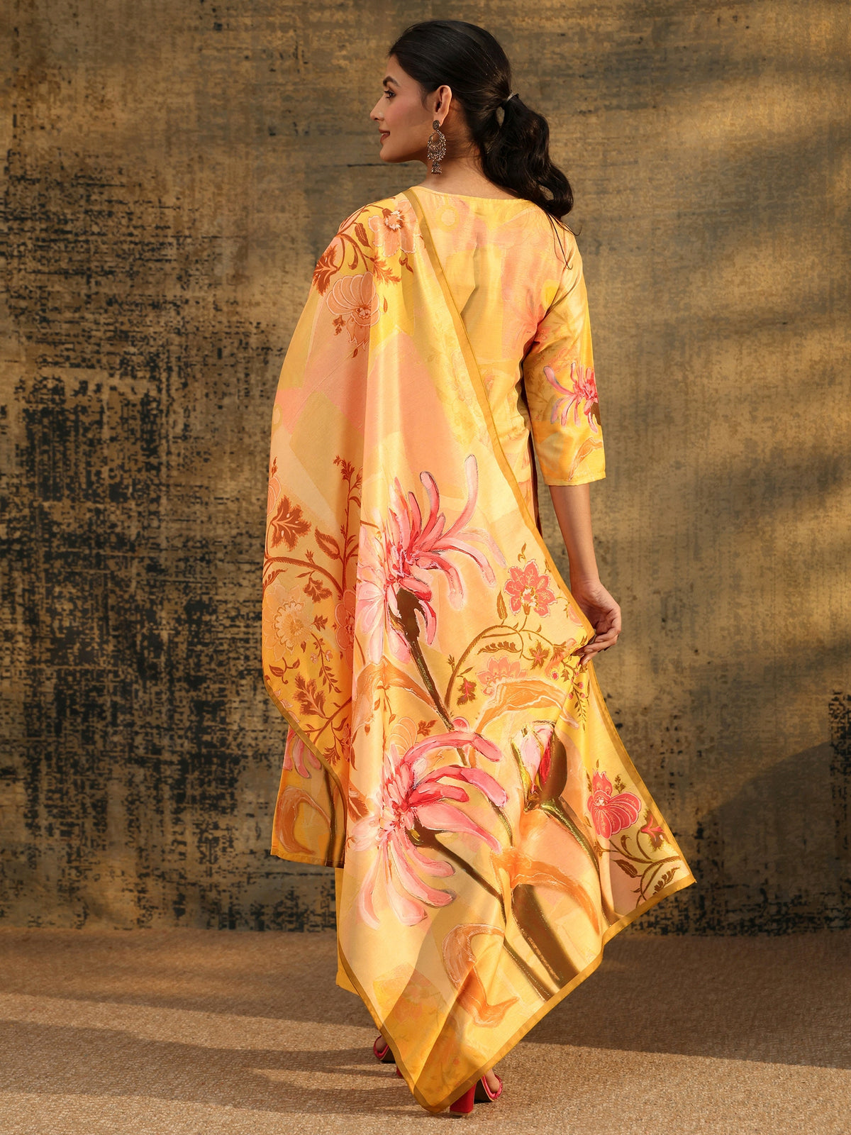 Anouk Mustard Floral Printed Muslin Straight Suit Set