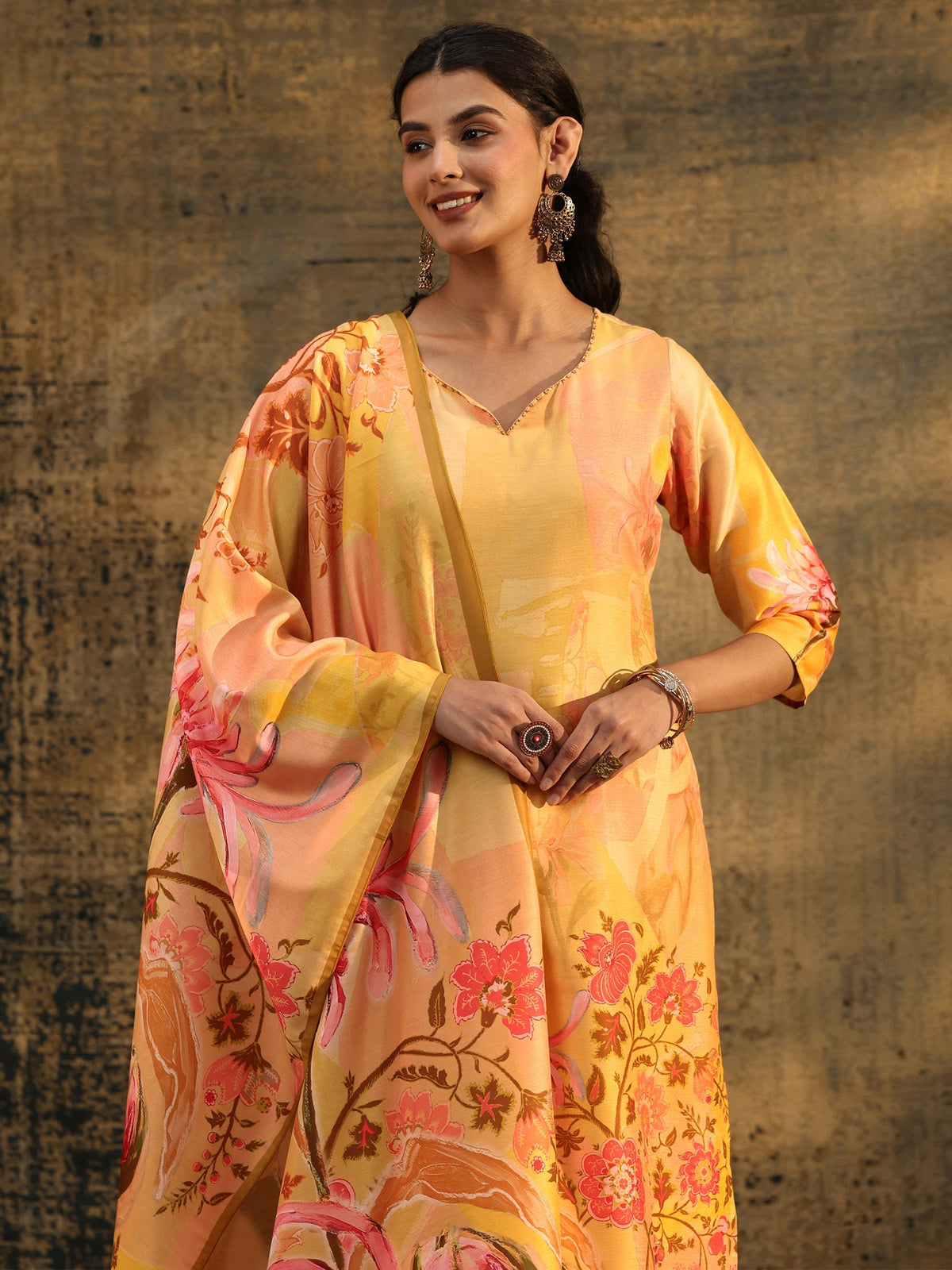 Anouk Mustard Floral Printed Muslin Straight Suit Set