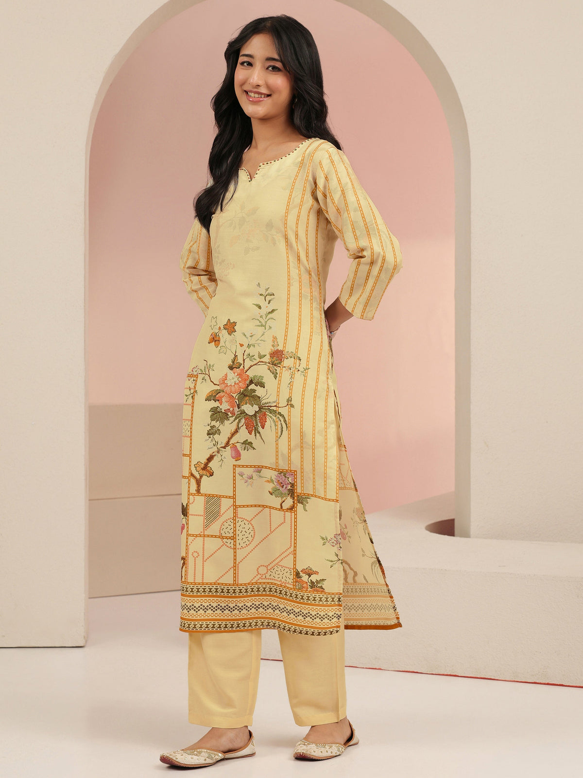 Anouk Beige Floral Print Muslin Straight Suit Set