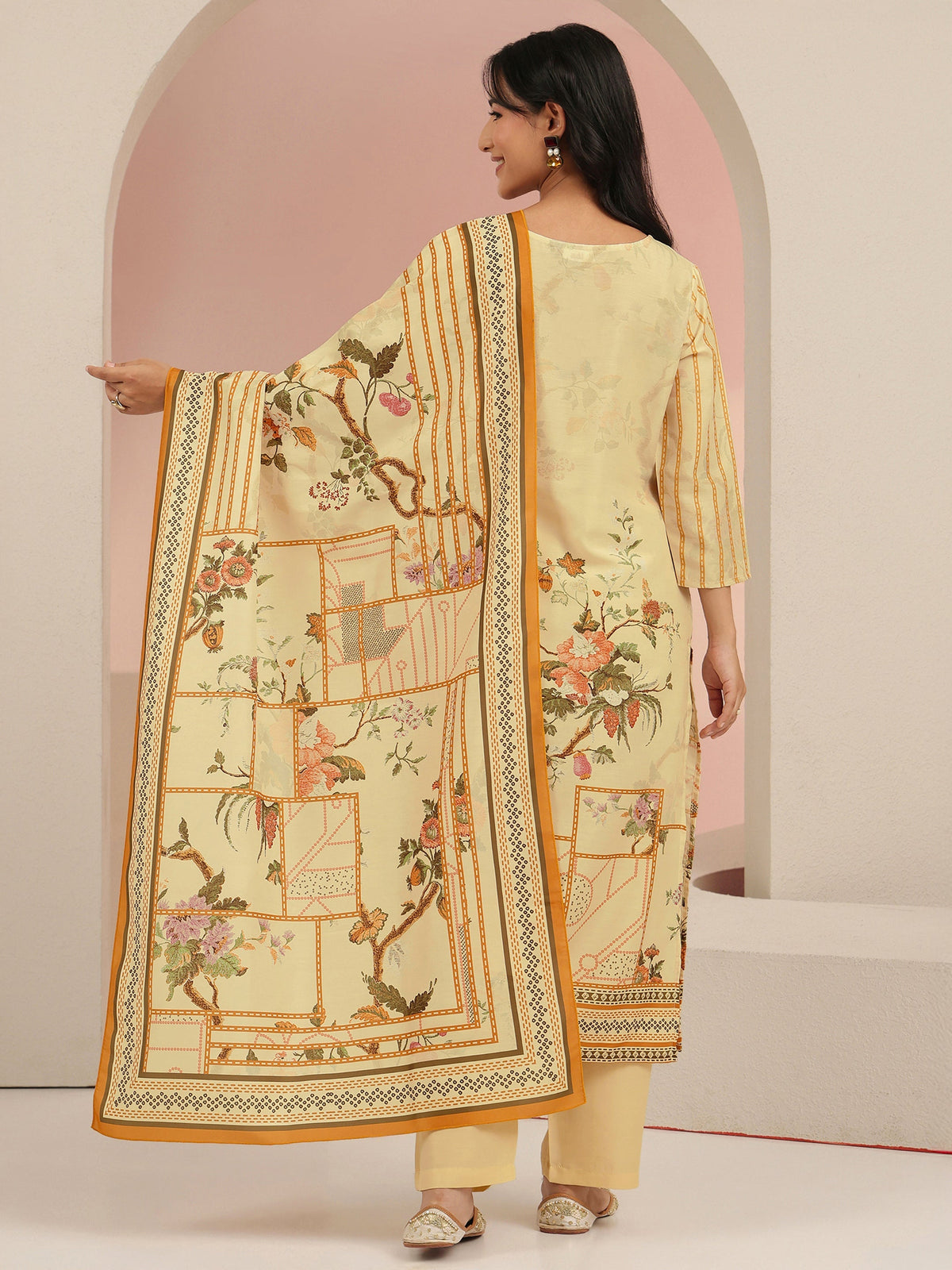 Anouk Beige Floral Print Muslin Straight Suit Set