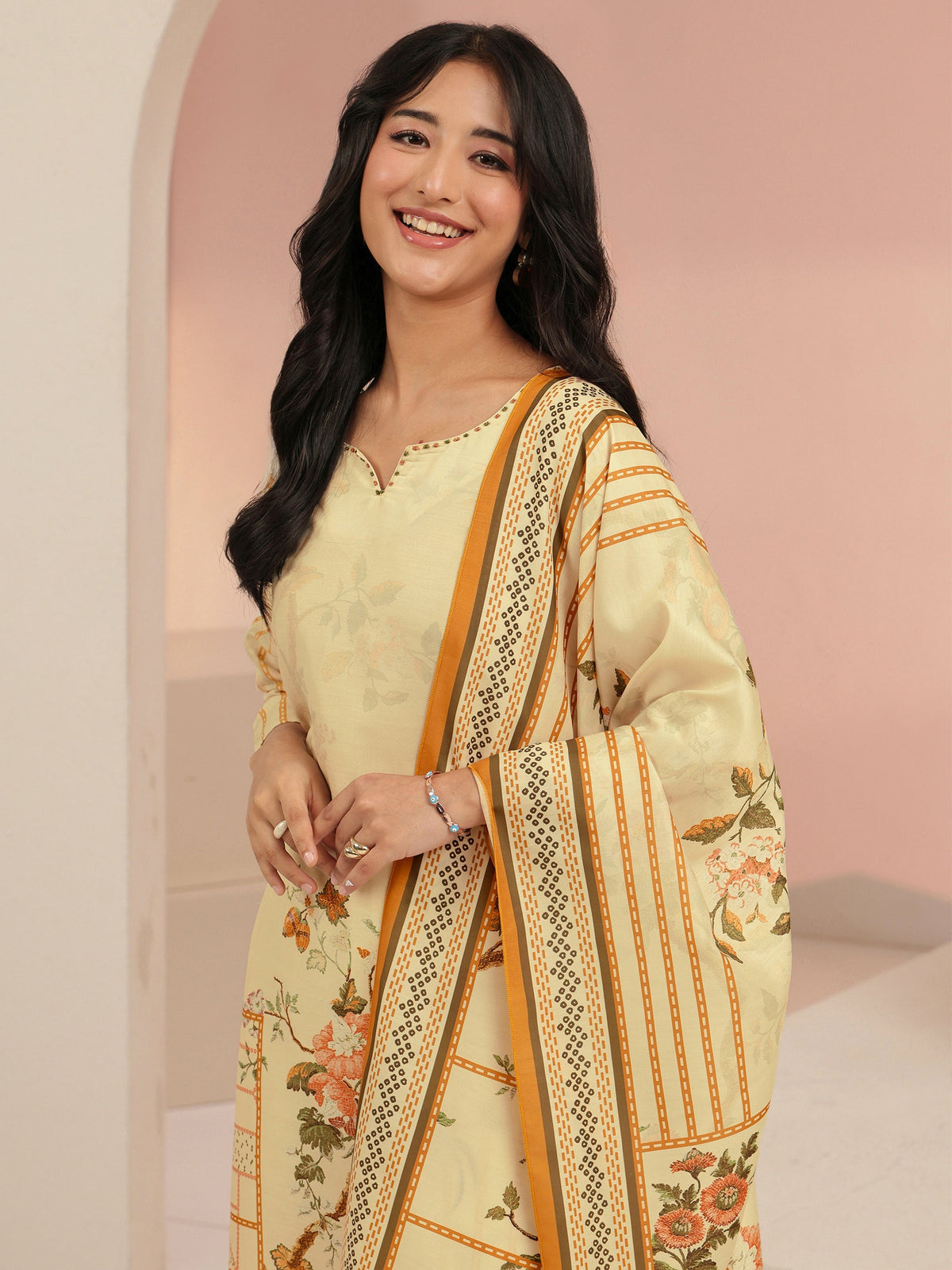 Anouk Beige Floral Print Muslin Straight Suit Set