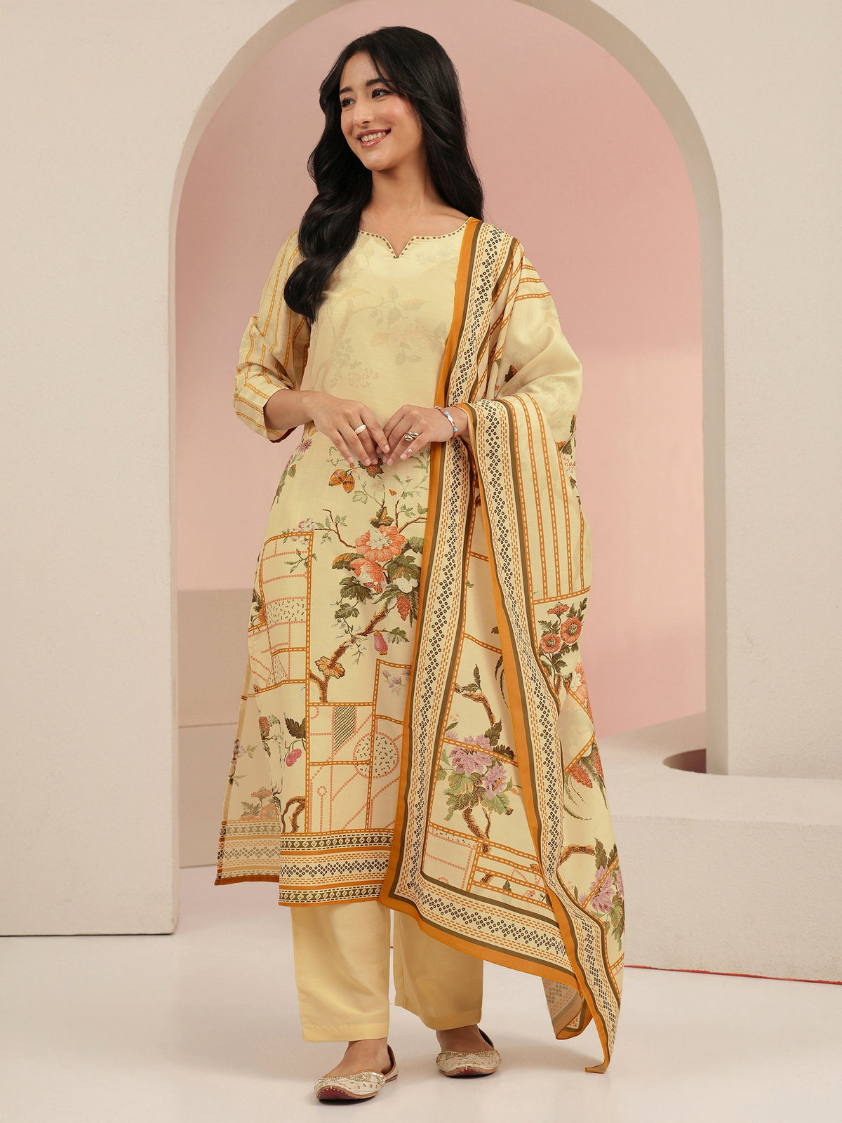 Anouk Beige Floral Print Muslin Straight Suit Set