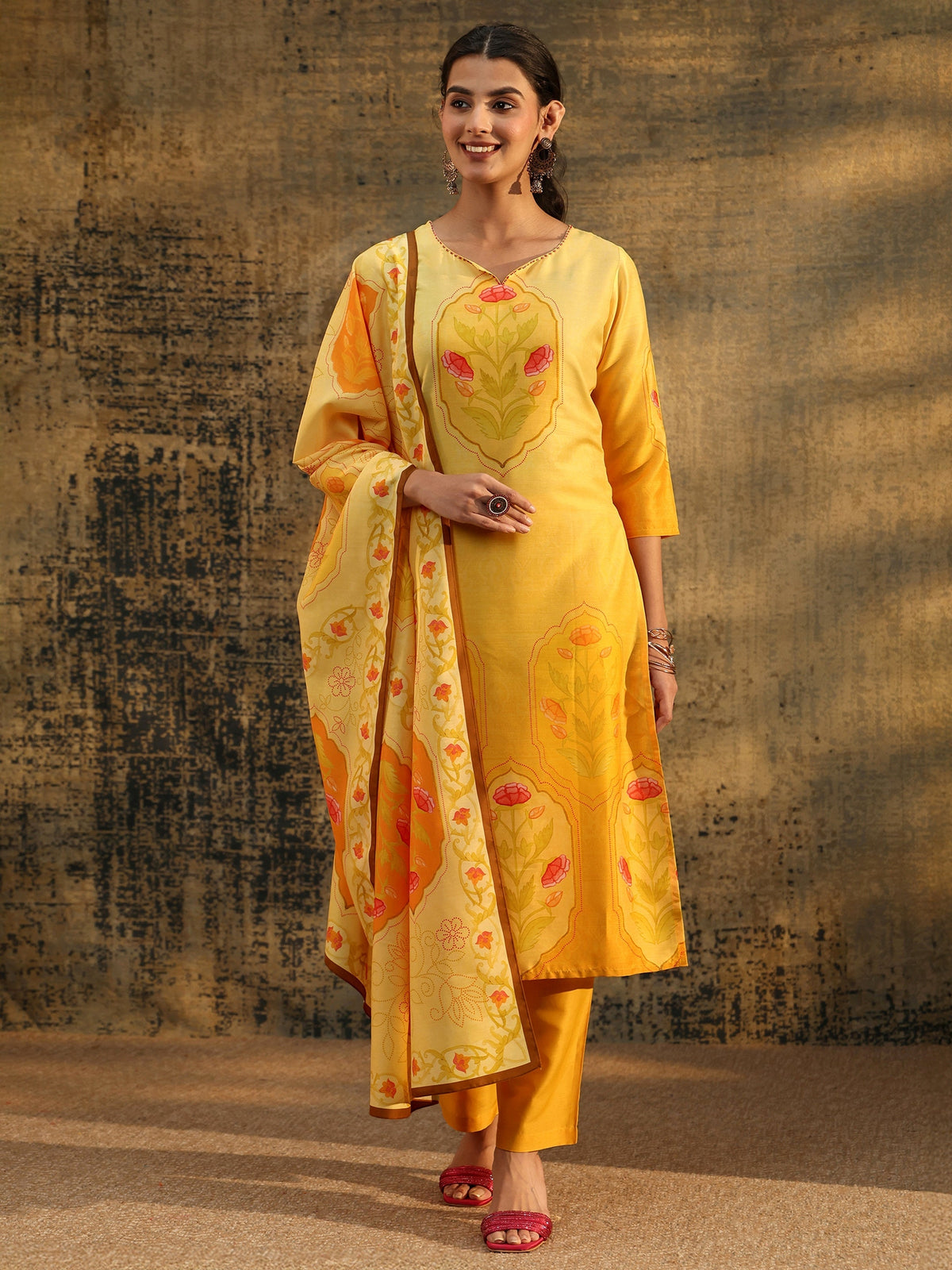 Anouk Mustard Floral Printed Muslin Straight Suit Set