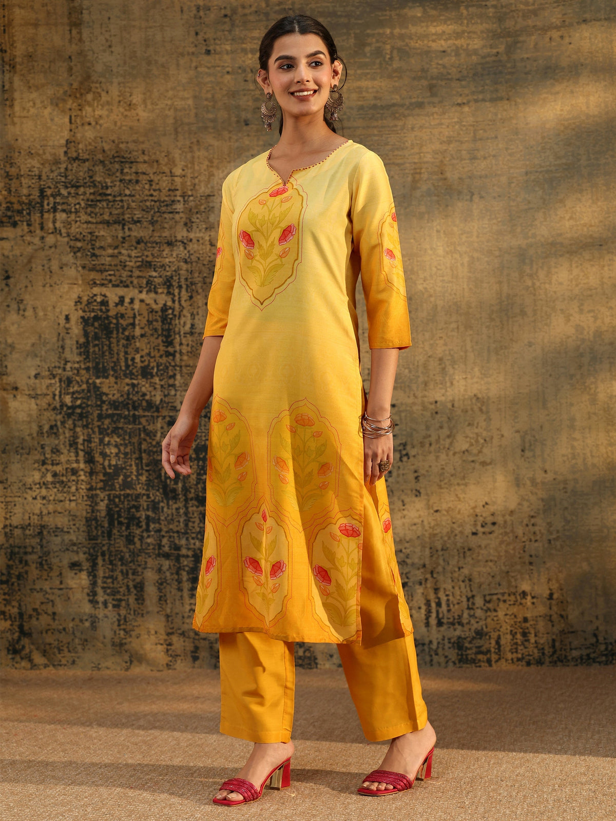 Anouk Mustard Floral Printed Muslin Straight Suit Set