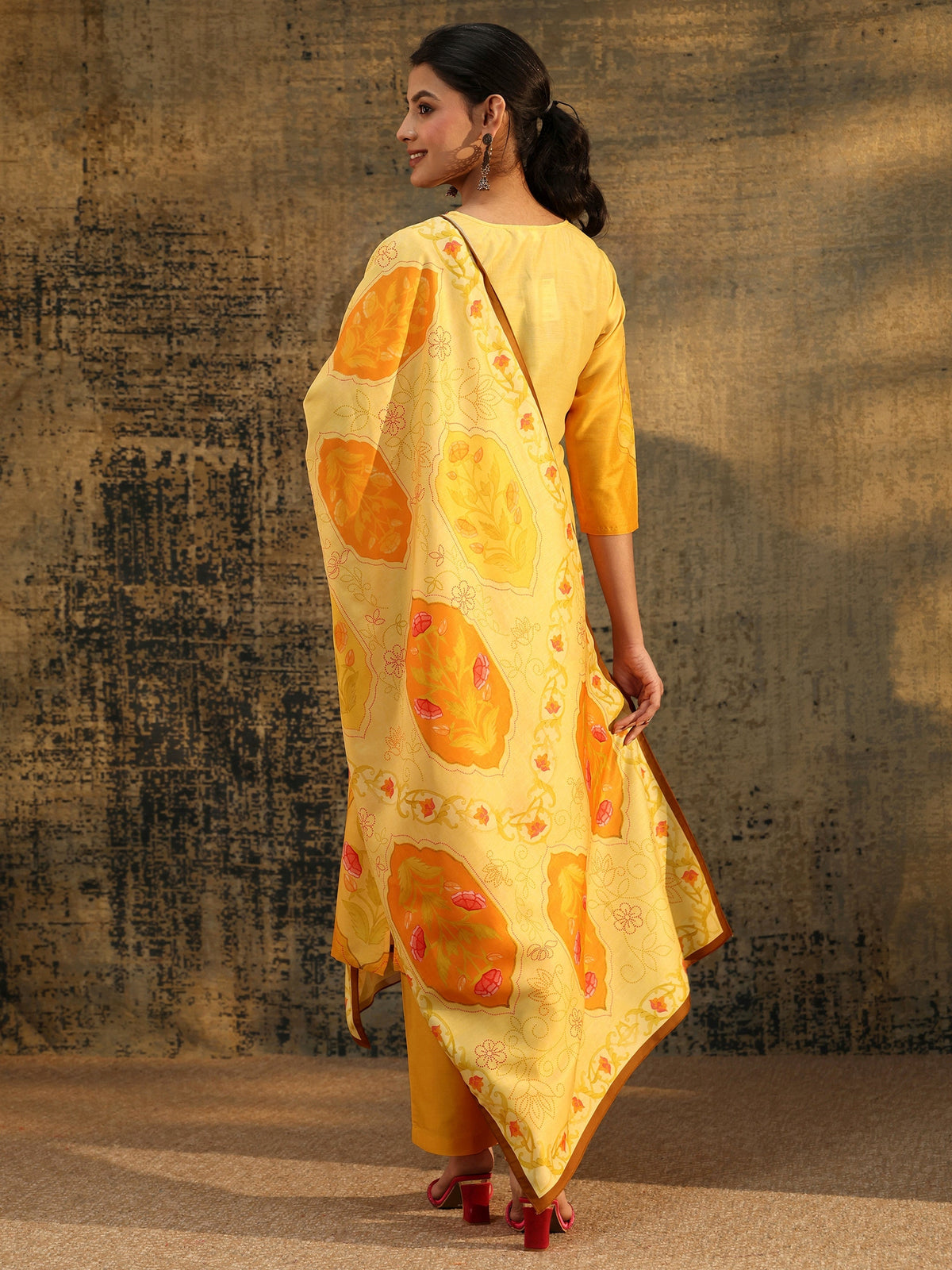 Anouk Mustard Floral Printed Muslin Straight Suit Set