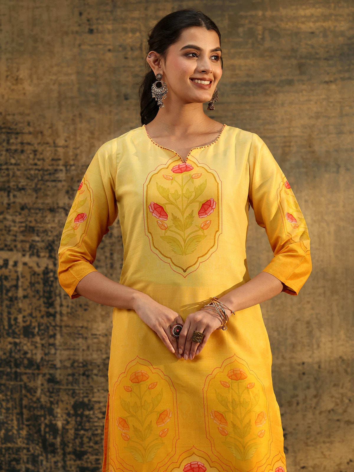 Anouk Mustard Floral Printed Muslin Straight Suit Set