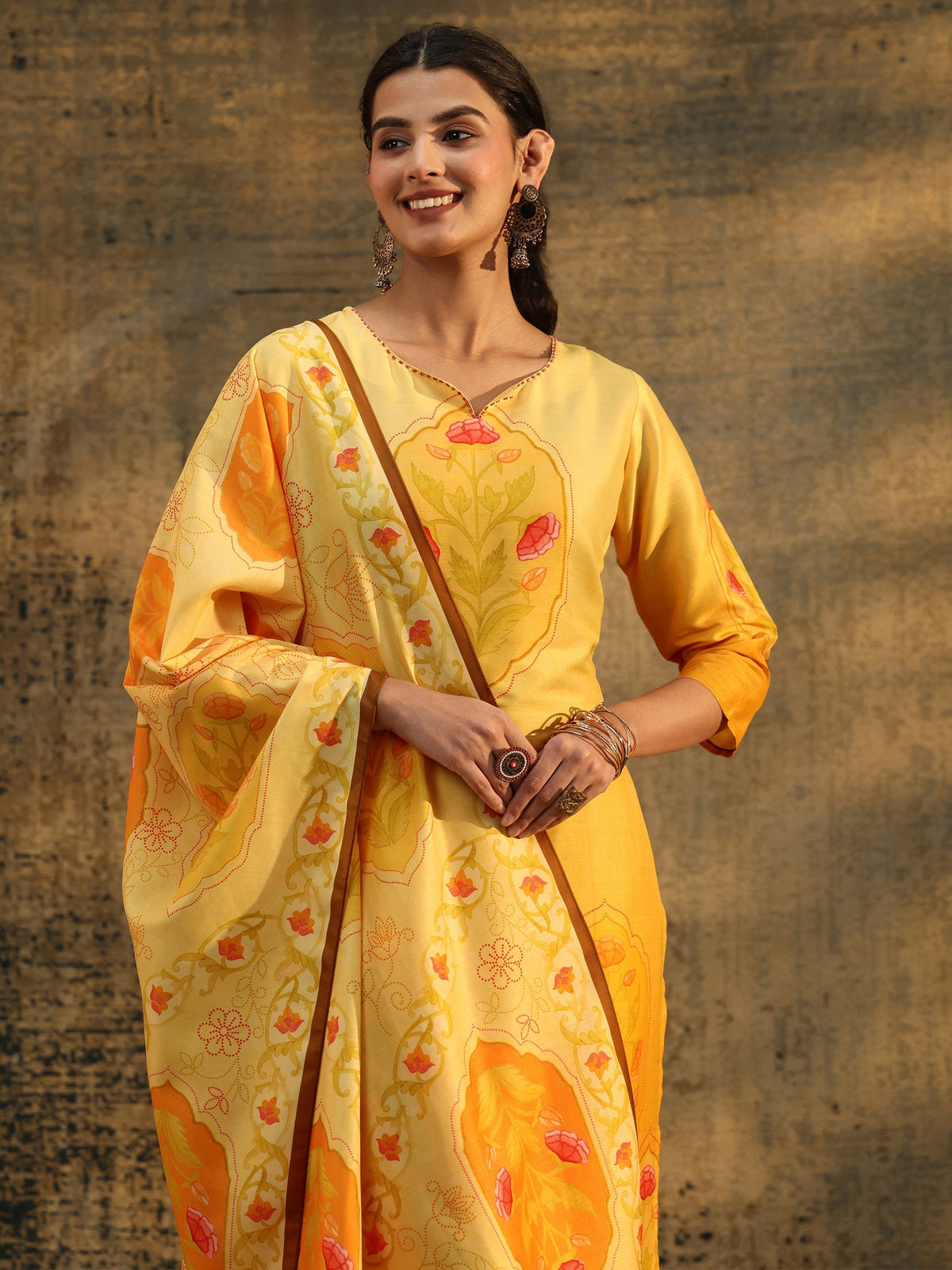 Anouk Mustard Floral Printed Muslin Straight Suit Set