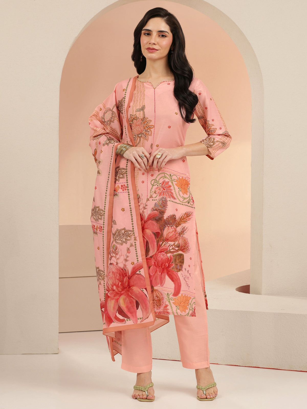 Anouk Peach Pink Floral Printed Muslin Straight Suit Set