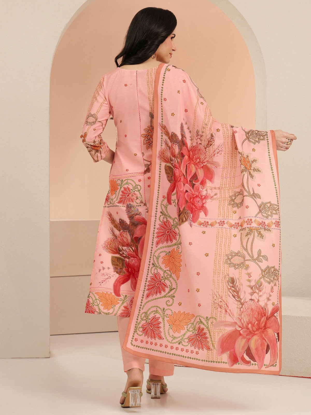 Anouk Peach Pink Floral Printed Muslin Straight Suit Set
