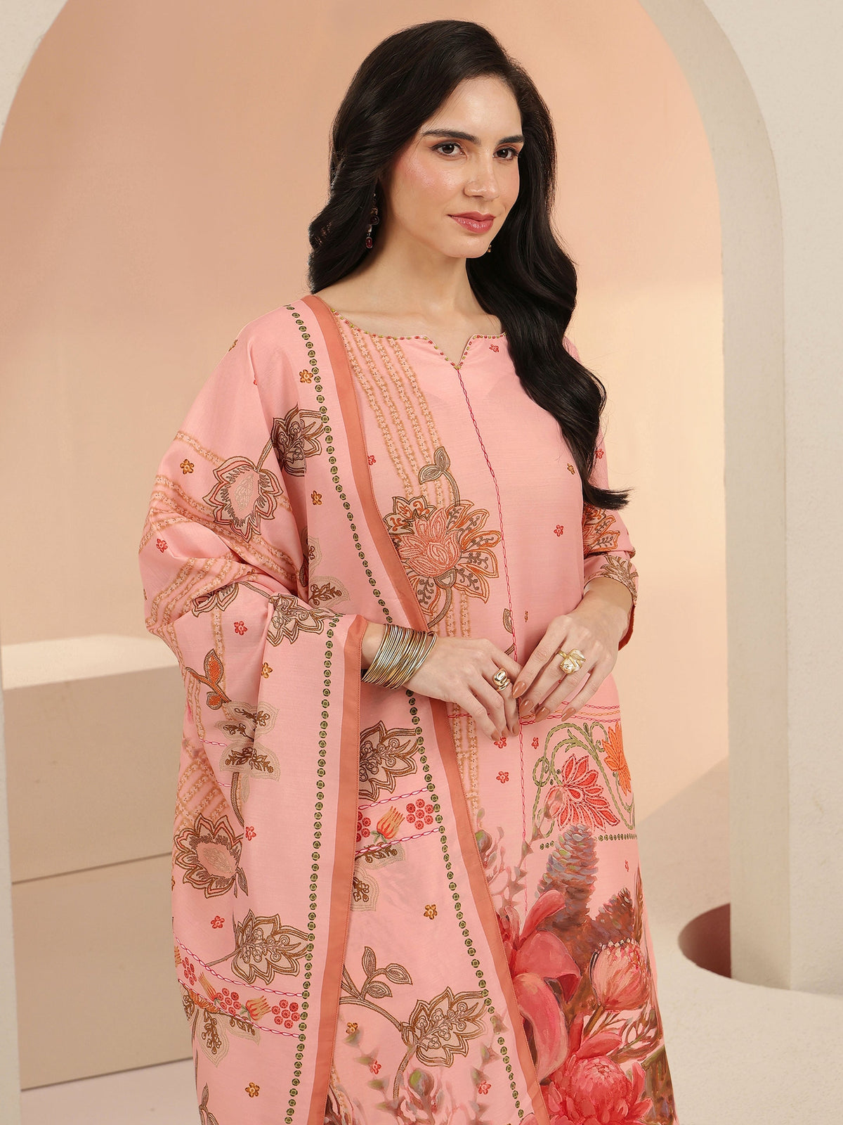 Anouk Peach Pink Floral Printed Muslin Straight Suit Set