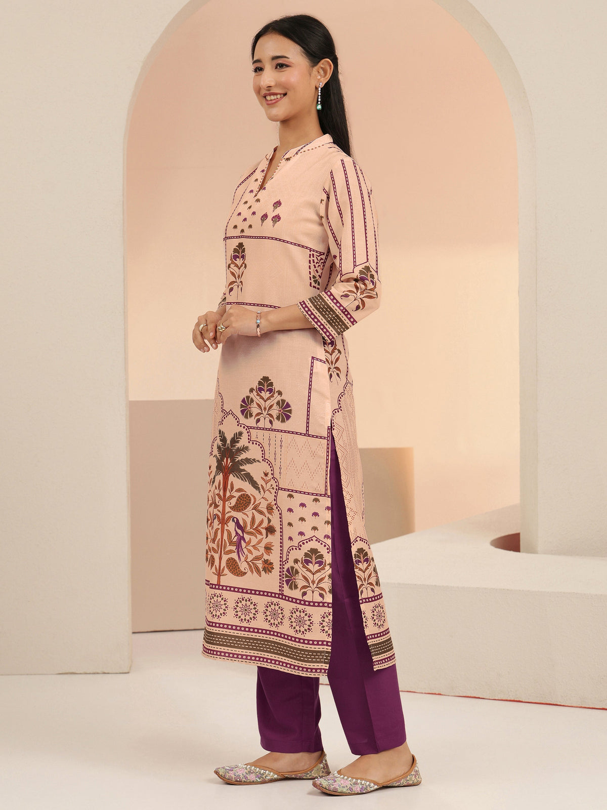 Anouk Beige Mughal Floral Printed Muslin Straight Suit Set