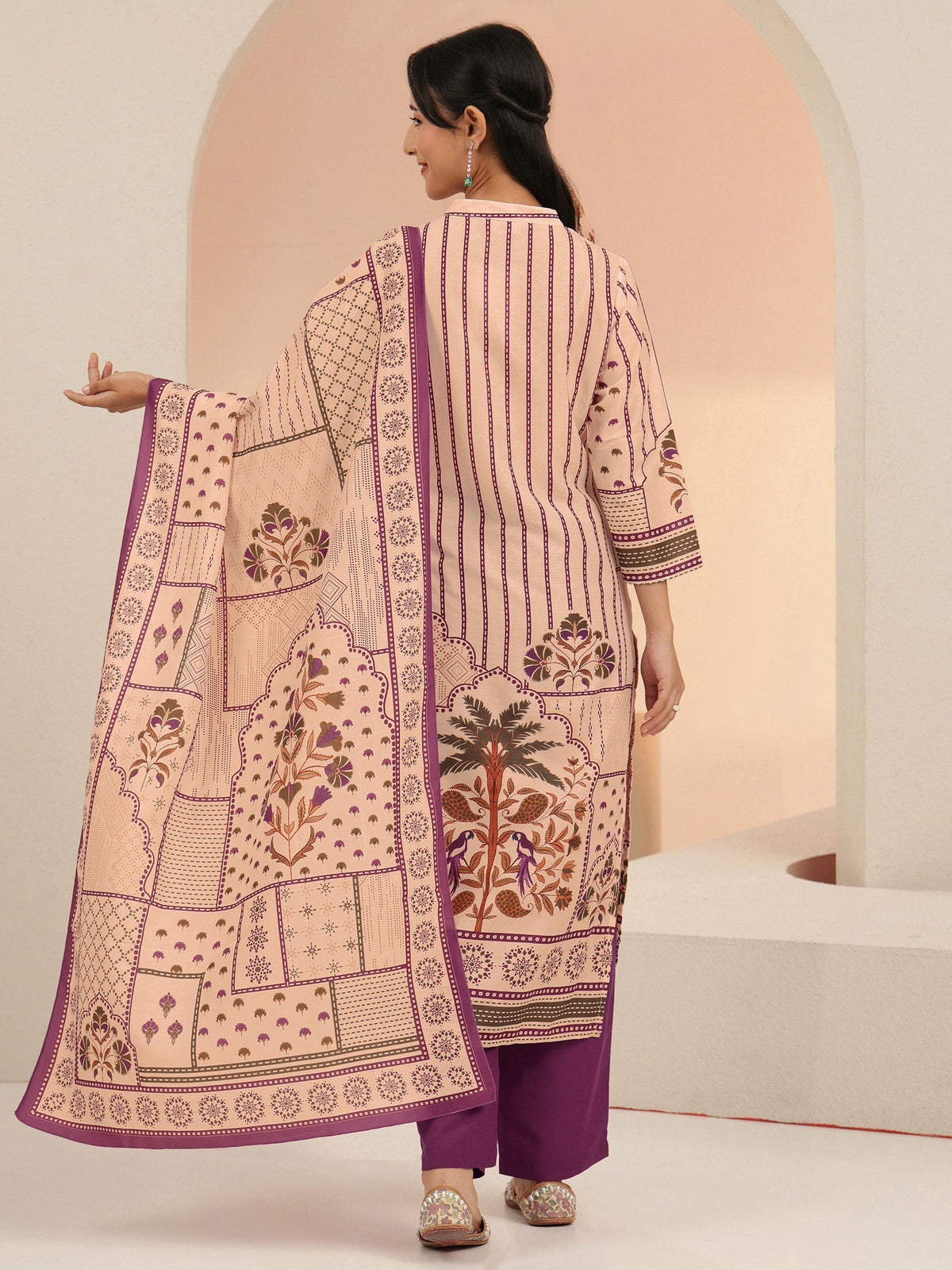 Anouk Beige Mughal Floral Printed Muslin Straight Suit Set