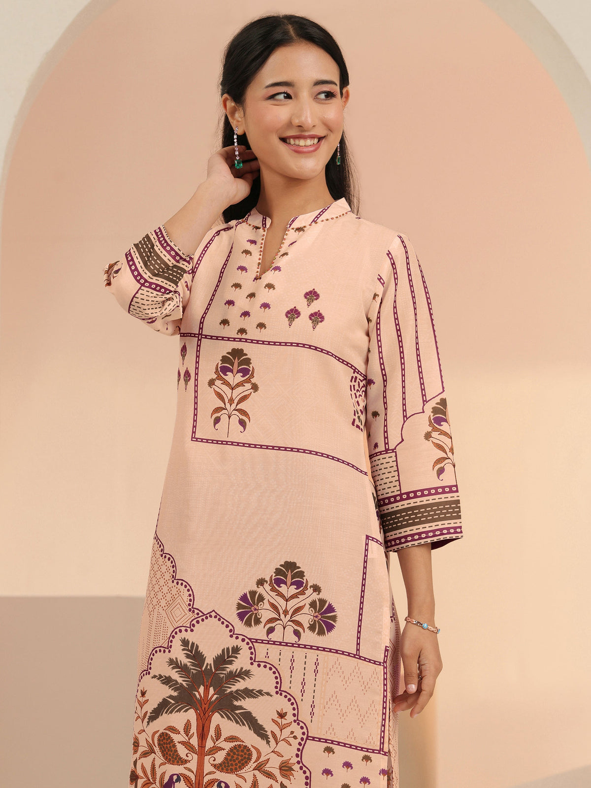 Anouk Beige Mughal Floral Printed Muslin Straight Suit Set