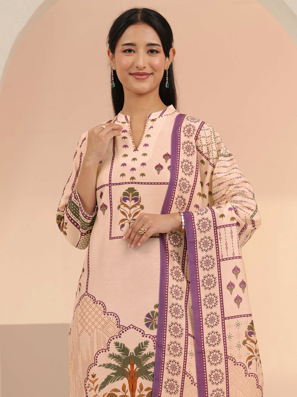 Anouk Beige Mughal Floral Printed Muslin Straight Suit Set