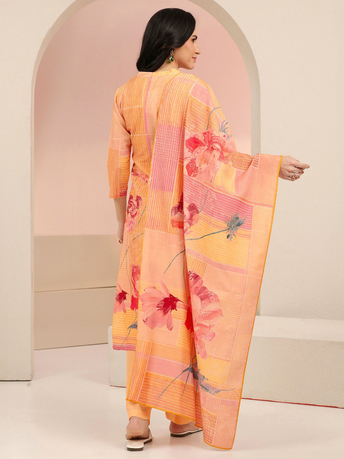 Anouk Peach Floral Printed Muslin Straight Suit Set