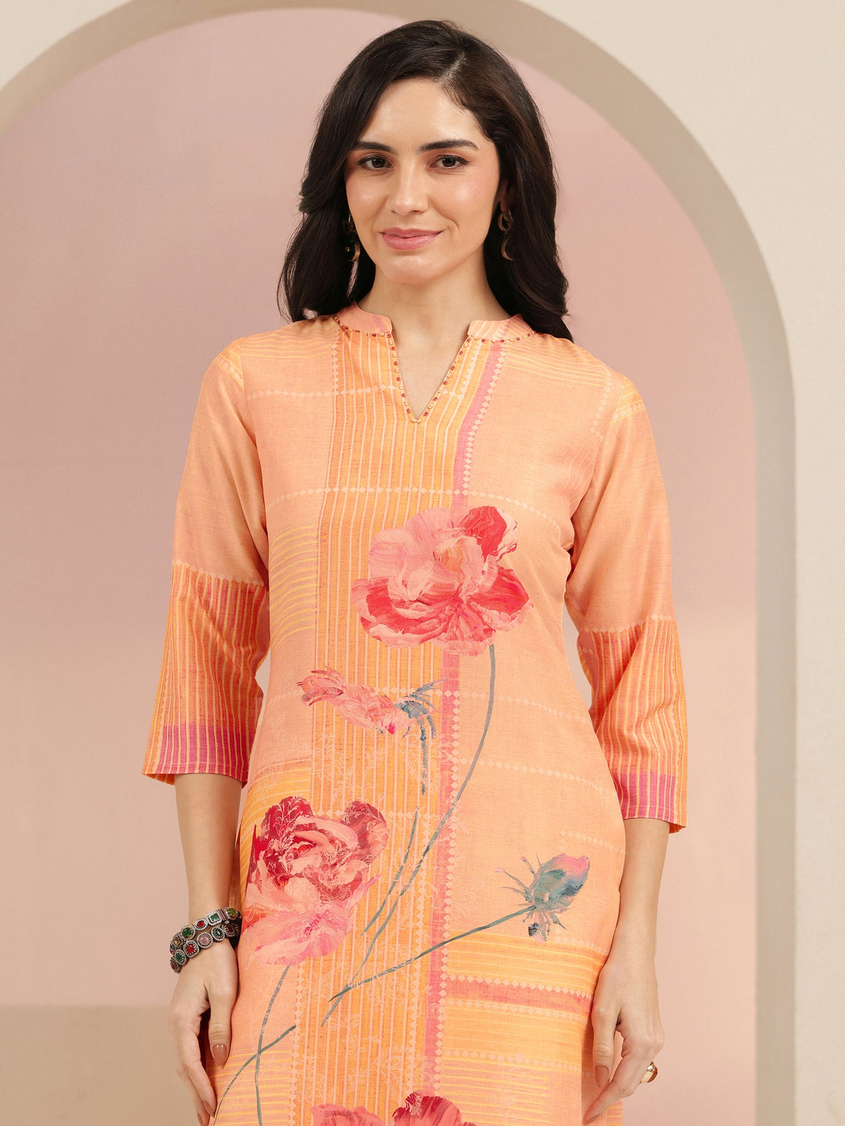 Anouk Peach Floral Printed Muslin Straight Suit Set