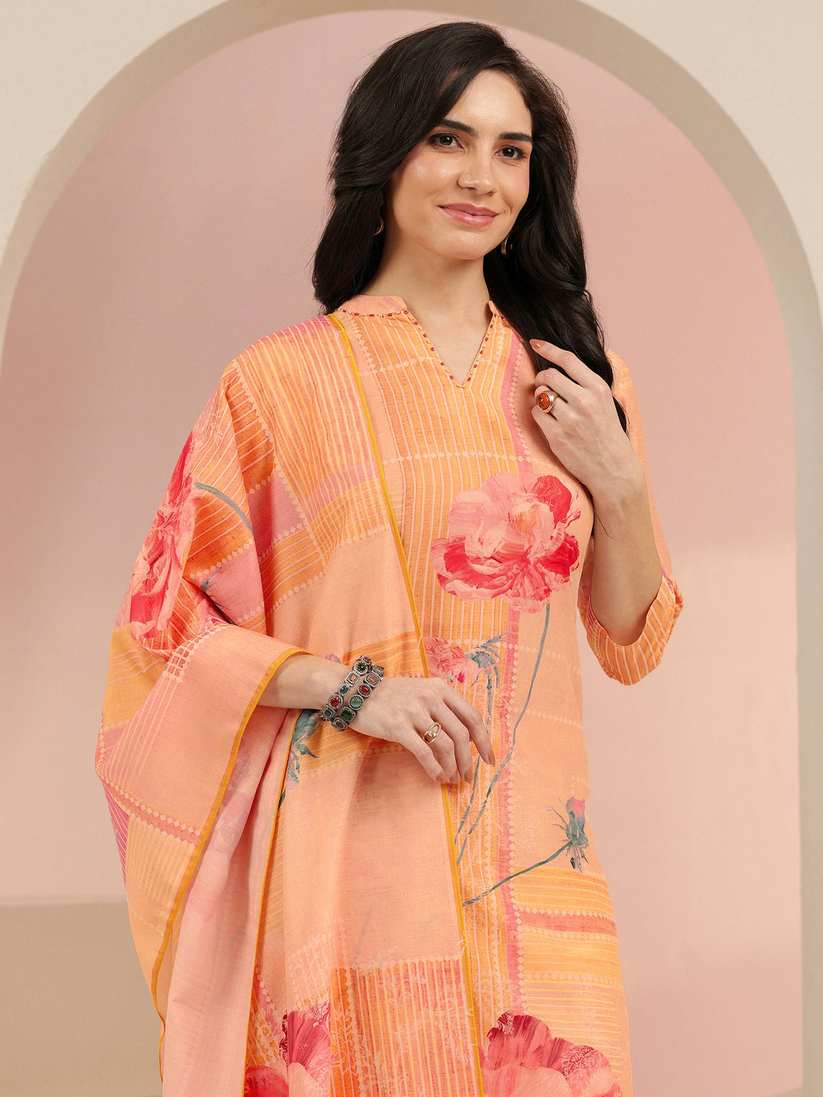 Anouk Peach Floral Printed Muslin Straight Suit Set