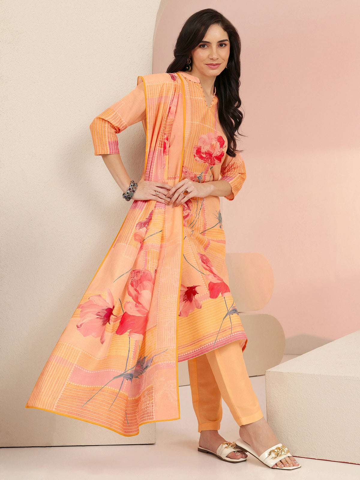 Anouk Peach Floral Printed Muslin Straight Suit Set