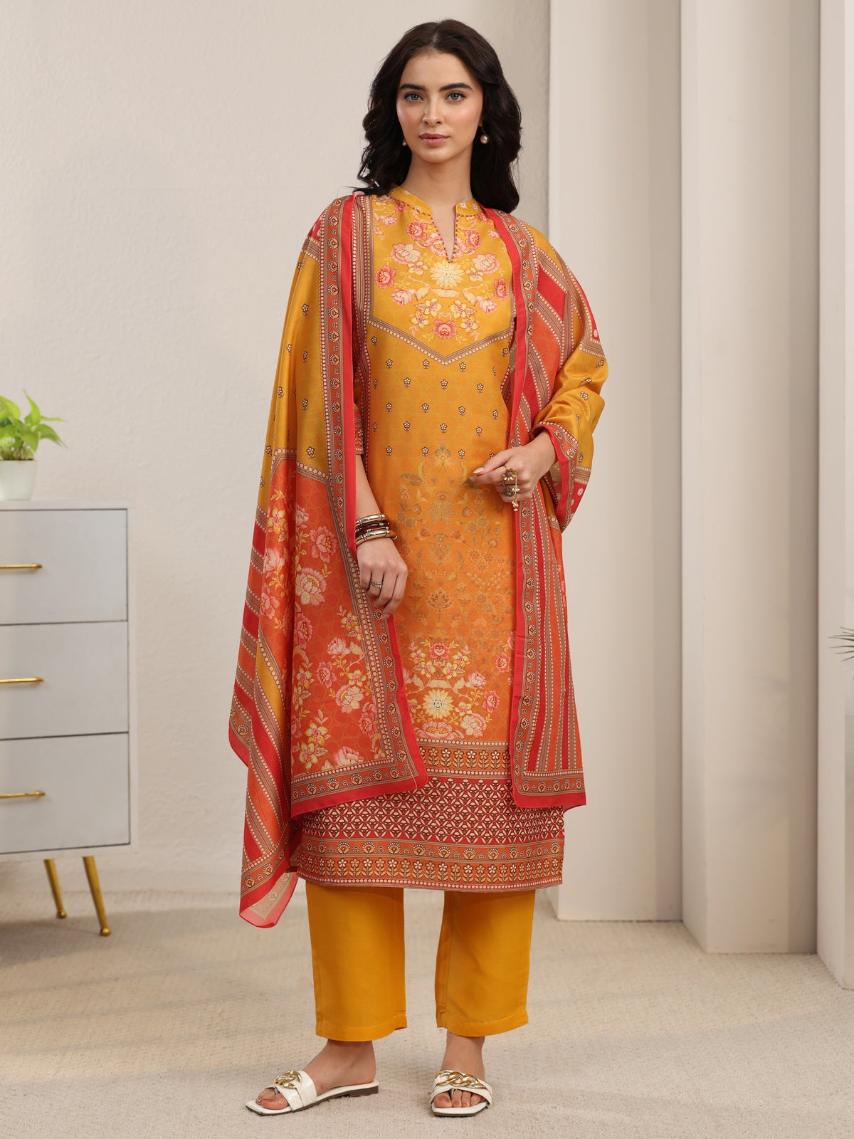 Anouk Mustard Floral Printed Muslin Straight Suit Set