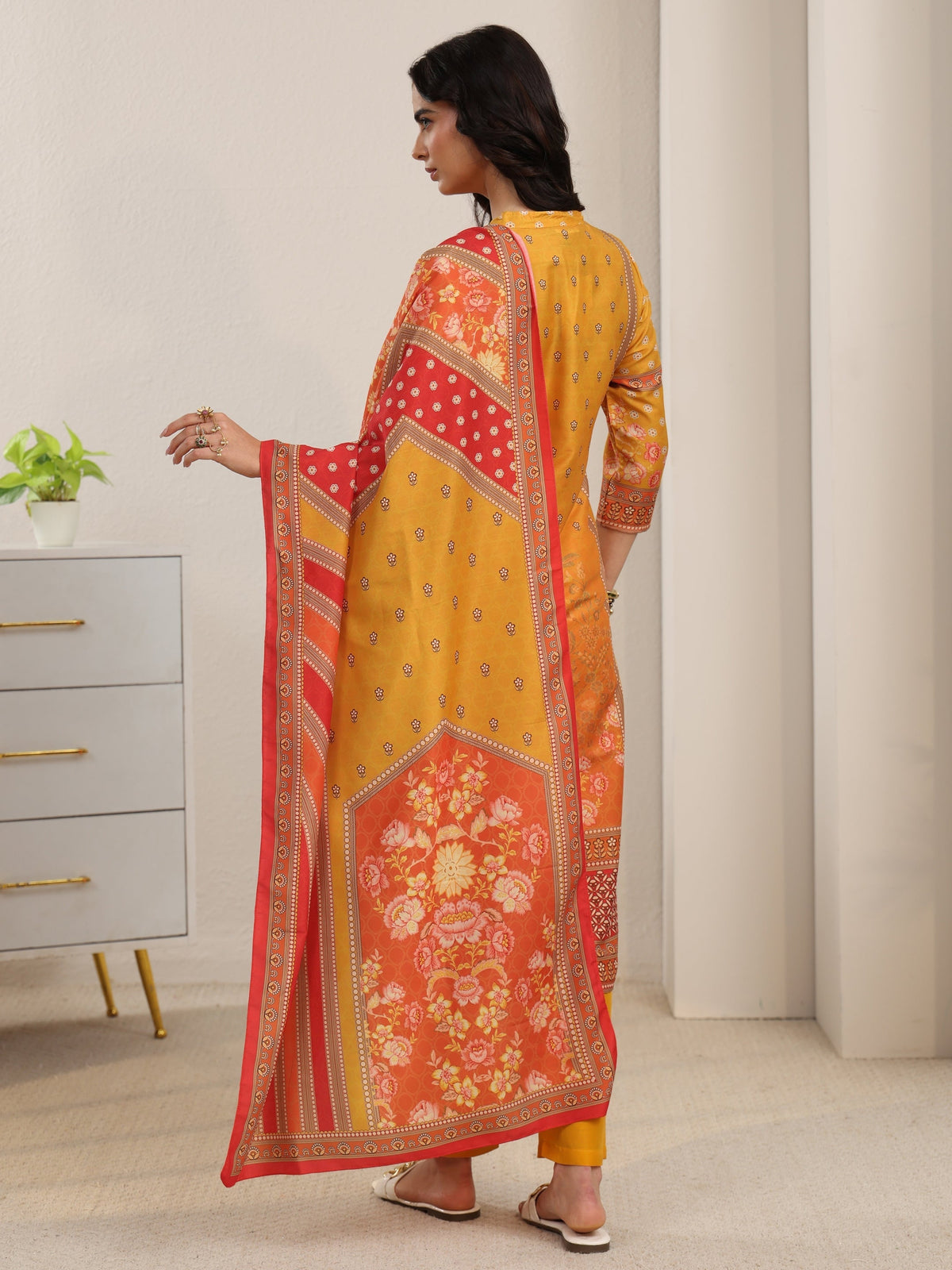 Anouk Mustard Floral Printed Muslin Straight Suit Set