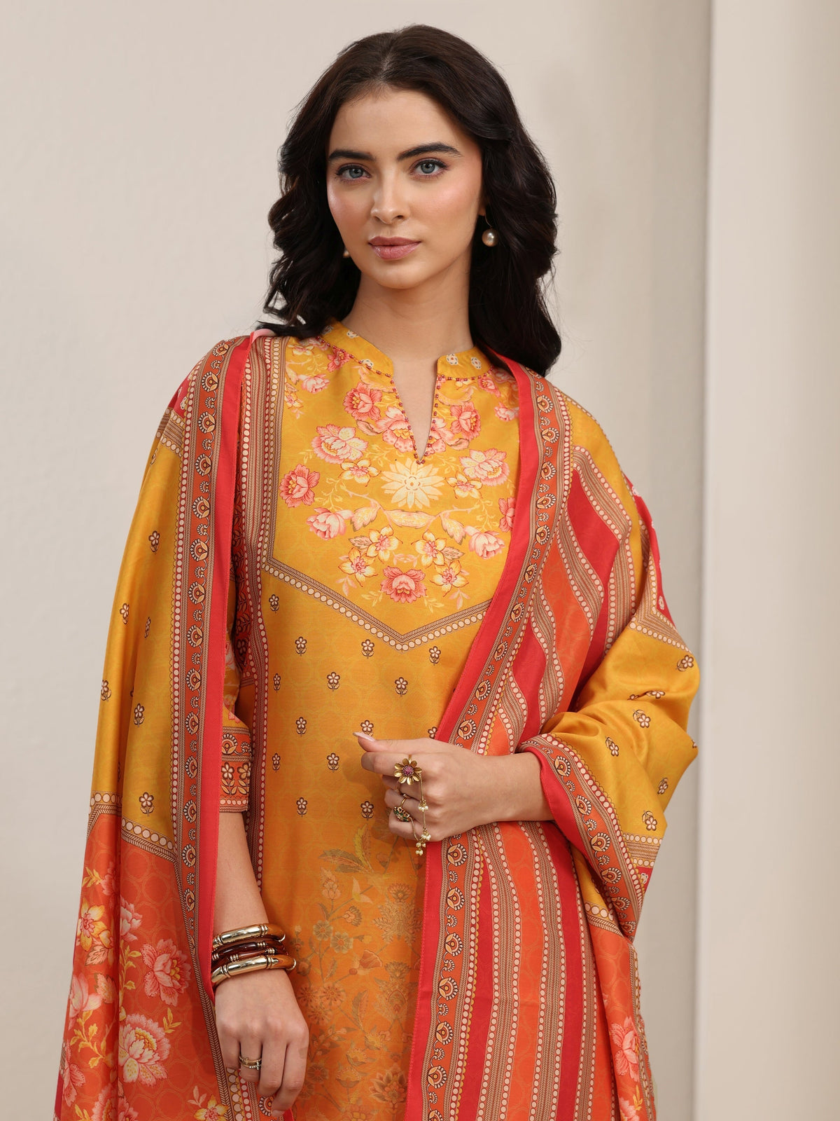 Anouk Mustard Floral Printed Muslin Straight Suit Set