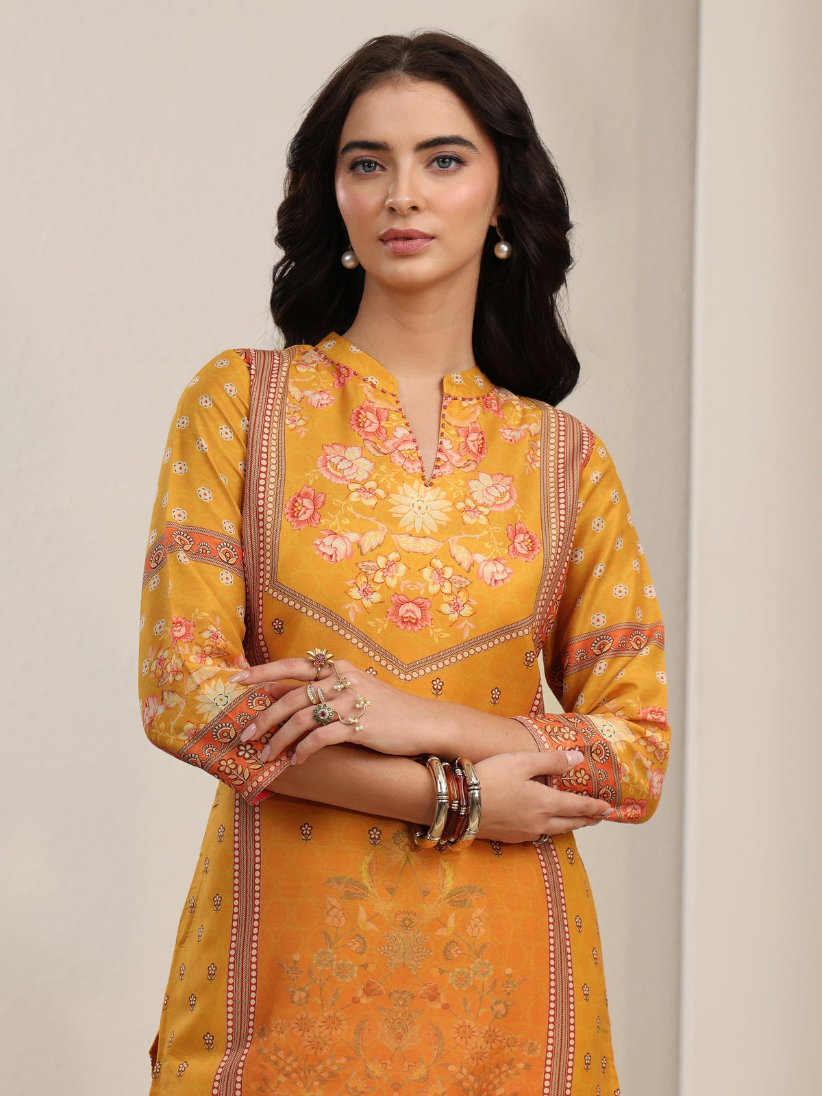 Anouk Mustard Floral Printed Muslin Straight Suit Set