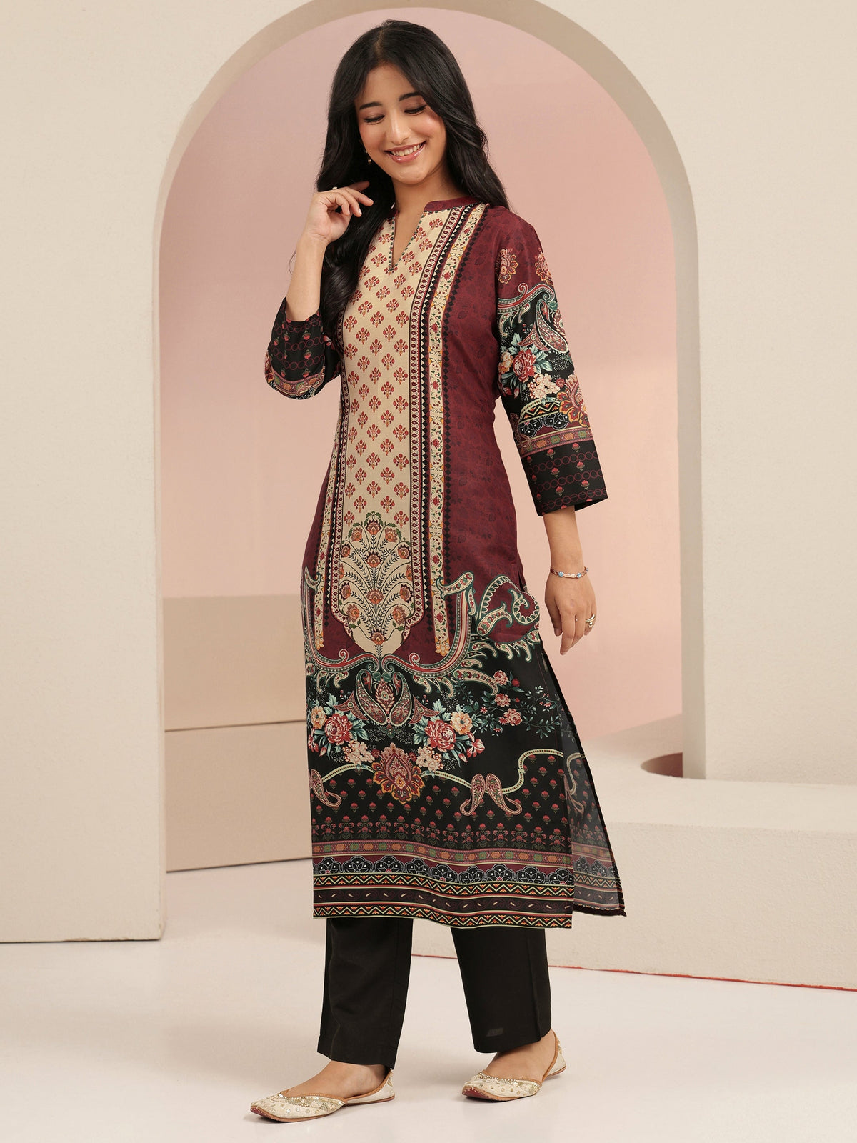 Anouk Maroon Ethnic Print Muslin Straight Suit Set