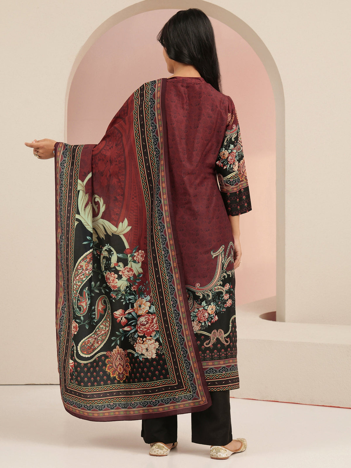 Anouk Maroon Ethnic Print Muslin Straight Suit Set