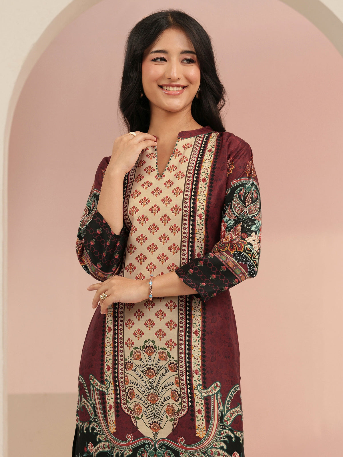 Anouk Maroon Ethnic Print Muslin Straight Suit Set