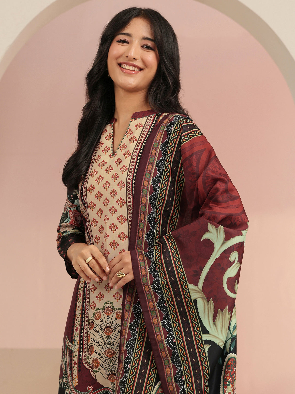 Anouk Maroon Ethnic Print Muslin Straight Suit Set