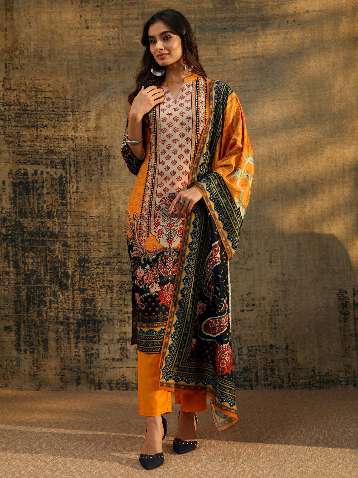 Anouk Mustard Multi Print Straight Muslin Suit Set